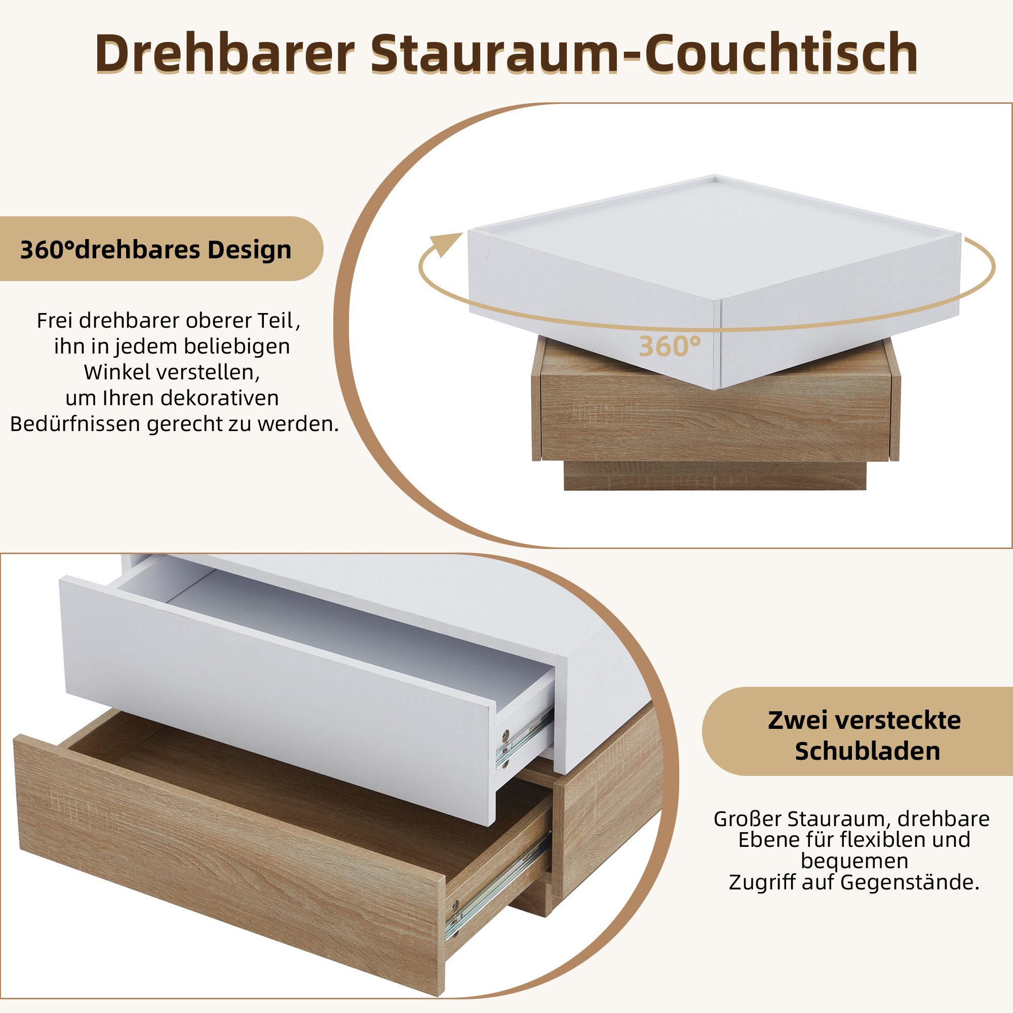 Merax Couchtisch mit drehbarer Tischplatte (60x60x38 cm), Wohnzimmertisch mit 2 Schubladen, Beistelltisch Kaffetisch Satztisch – Bild 4 von 5
