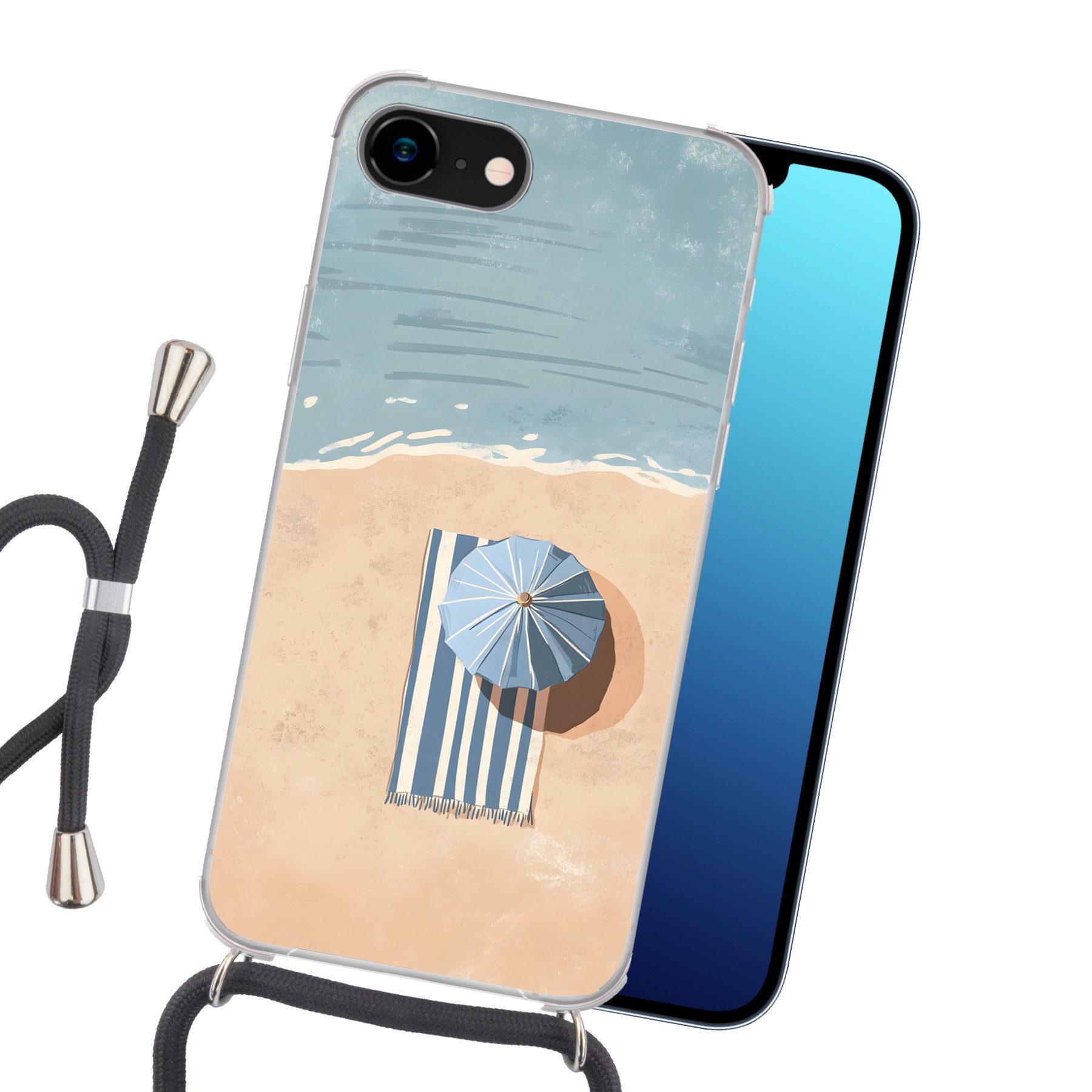 MuchoWow Handyhülle für Apple iPhone 7 Strandtuch - Streifen - Sonnenschirm - Strand, Tragbare Handyhüllen mit Kette zum umhängen, Handykette Handyband