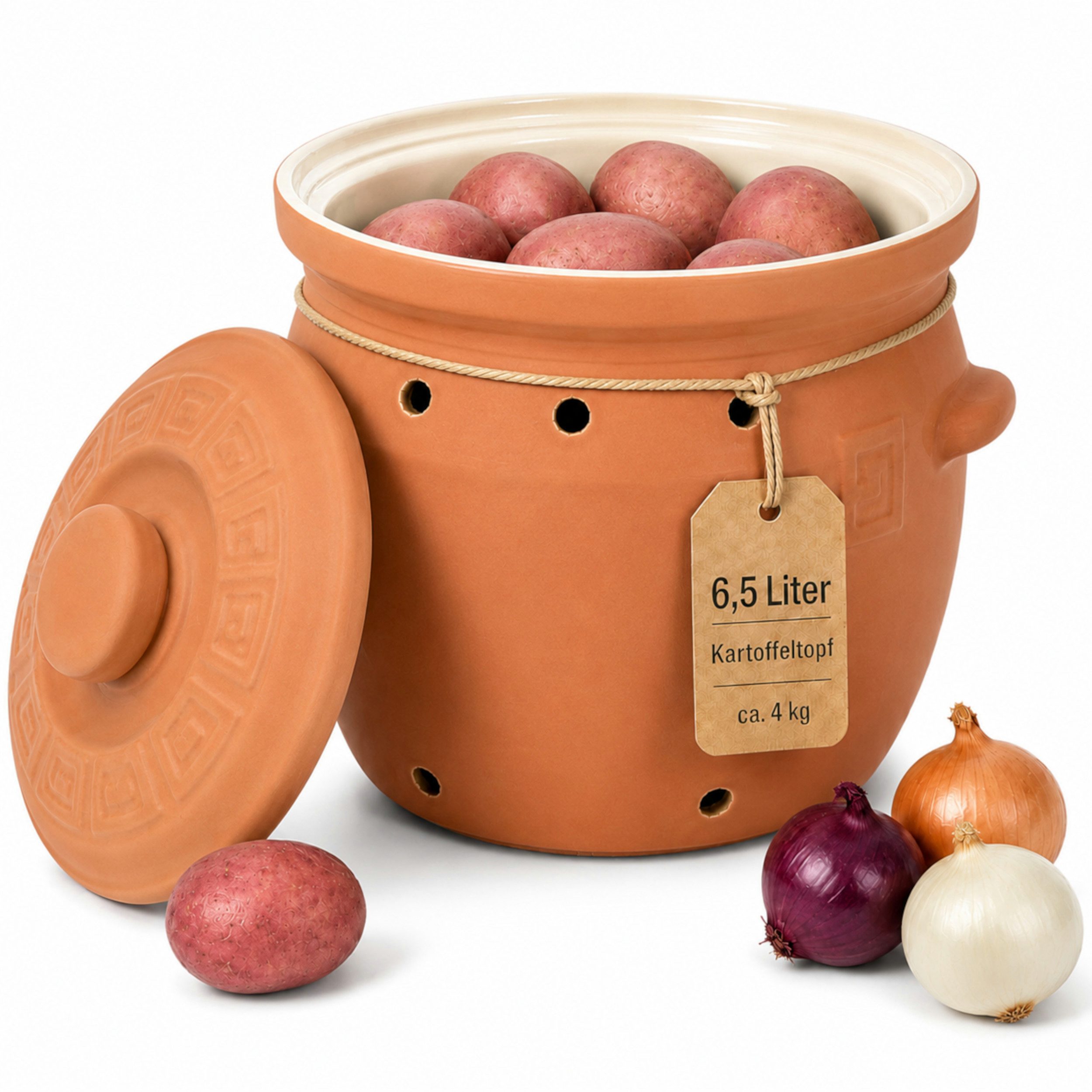 KERAZO Vorratsdose 6,5L Kartoffeltopf & Zwiebeltopf mit Deckel aus Steingut, Naur/Creme, Steingut, Unterstützt eine dunkle und gut belüftete Aufbewahrung von Kartoffeln