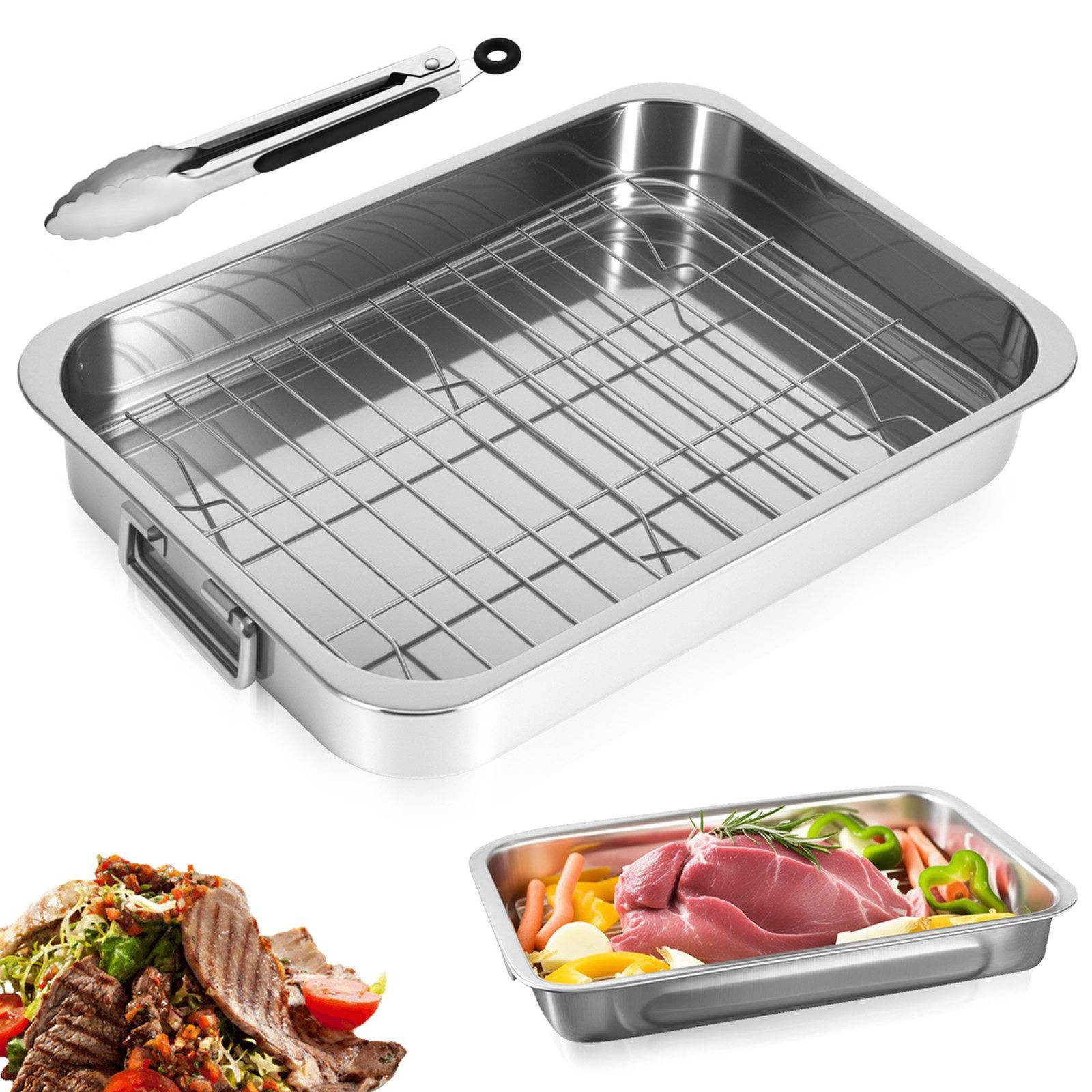 BlingBin Bräter Bratblech mit Gestell, Auflaufformen Ofenfest Edelstahl für Backofen, Edelstahl (1er Set, 1-tlg., Produktabmessungen: 33 × 23 × 5 cm), Backblech Stahlblech mit Griffen für Truthähne, Fleisch, Gemüse