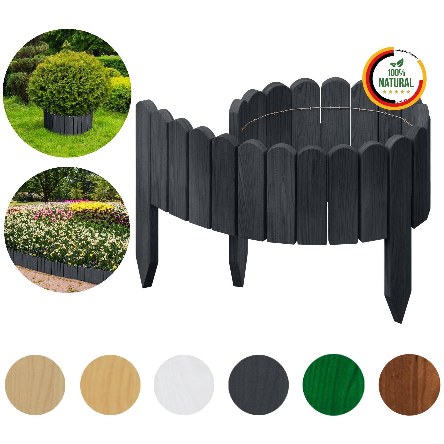 Floranica Palisade Flexible Rollborder Beeteinfassung Beetumrandung Rasenkante Holzzaun, LxH: 100x10 cm, Anthrazit, Dekozaun Umzäunung von Blumenbeeten Kräutergarten Wege Rasenbegrenzung