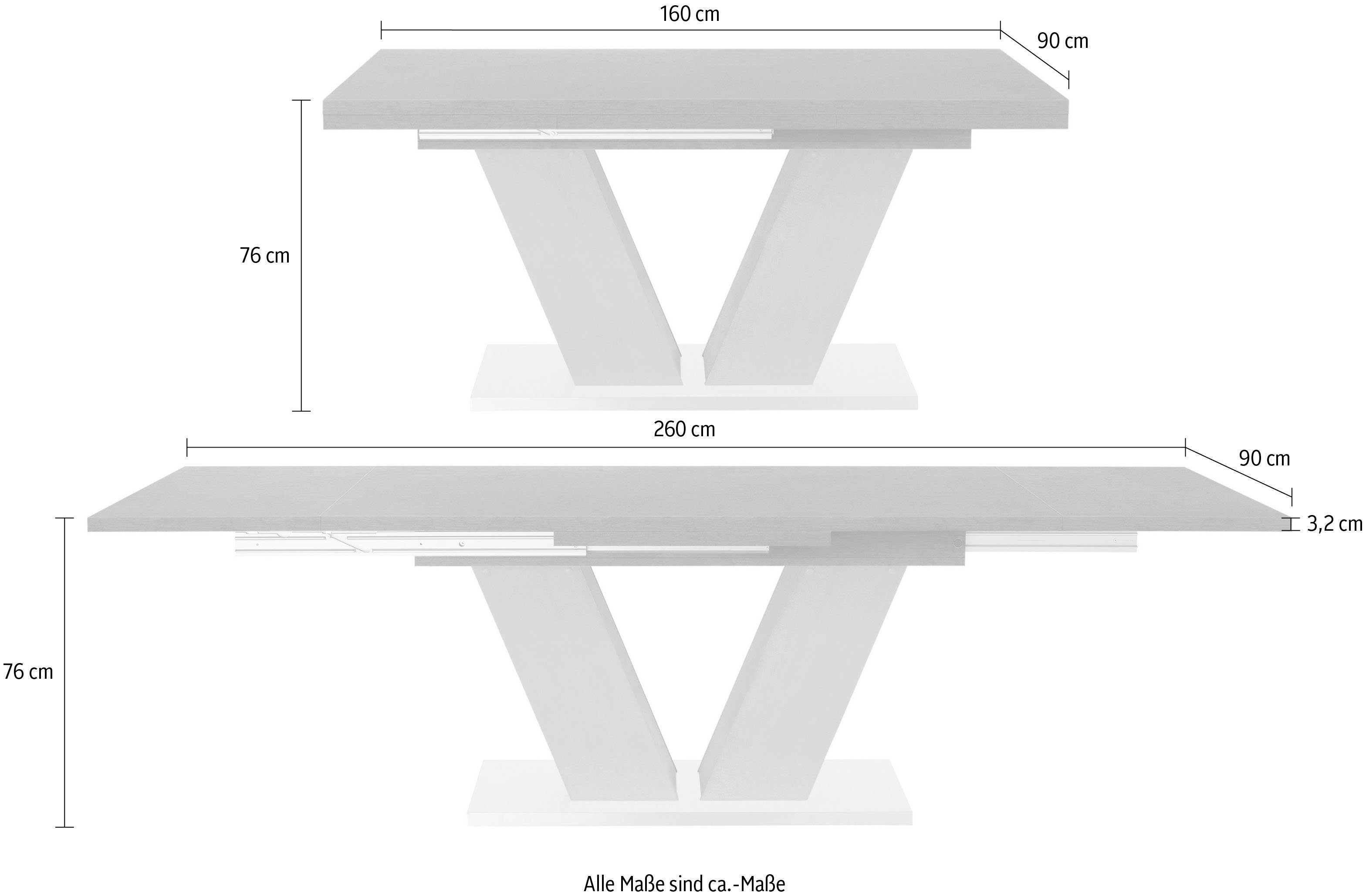Mäusbacher mit Betonoptik 160-260 Esstisch graphit Auszugsfunktion, Komfort D, in cm und Breite mit V-Gestell