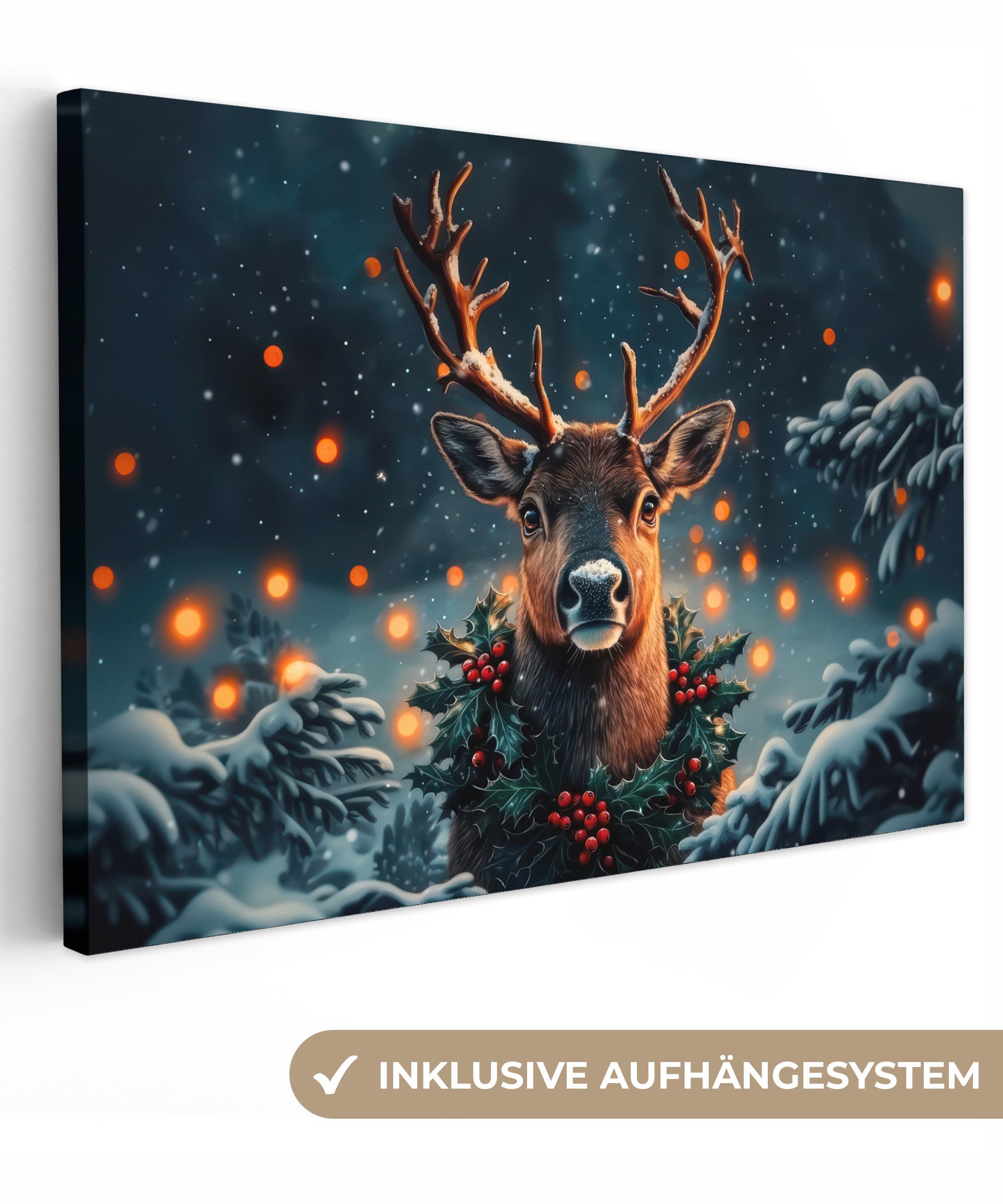 OneMillionCanvasses® Leinwandbild Hirsch - Weihnachten - Winter - Schnee - günstig online kaufen