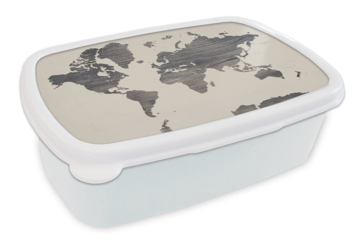 MuchoWow Lunchbox Weltkarte - Grau - Holz, Kunststoff, (2-tlg), Brotbox für Kinder und Erwachsene, Brotdose, für Jungs und Mädchen weiß