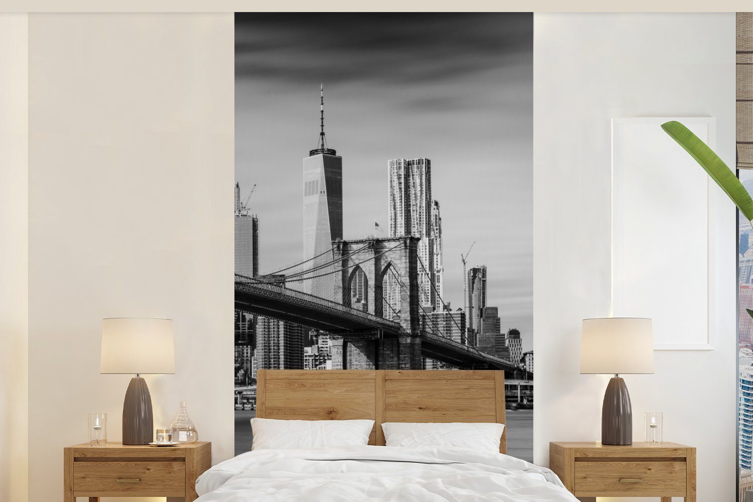 MuchoWow Fototapete Architektur - New York - Brooklyn Bridge - Wasser - Schwarz und weiß, Matt, bedruckt, (2 St), Vliestapete für Wohnzimmer Schlafzimmer Küche, Fototapete