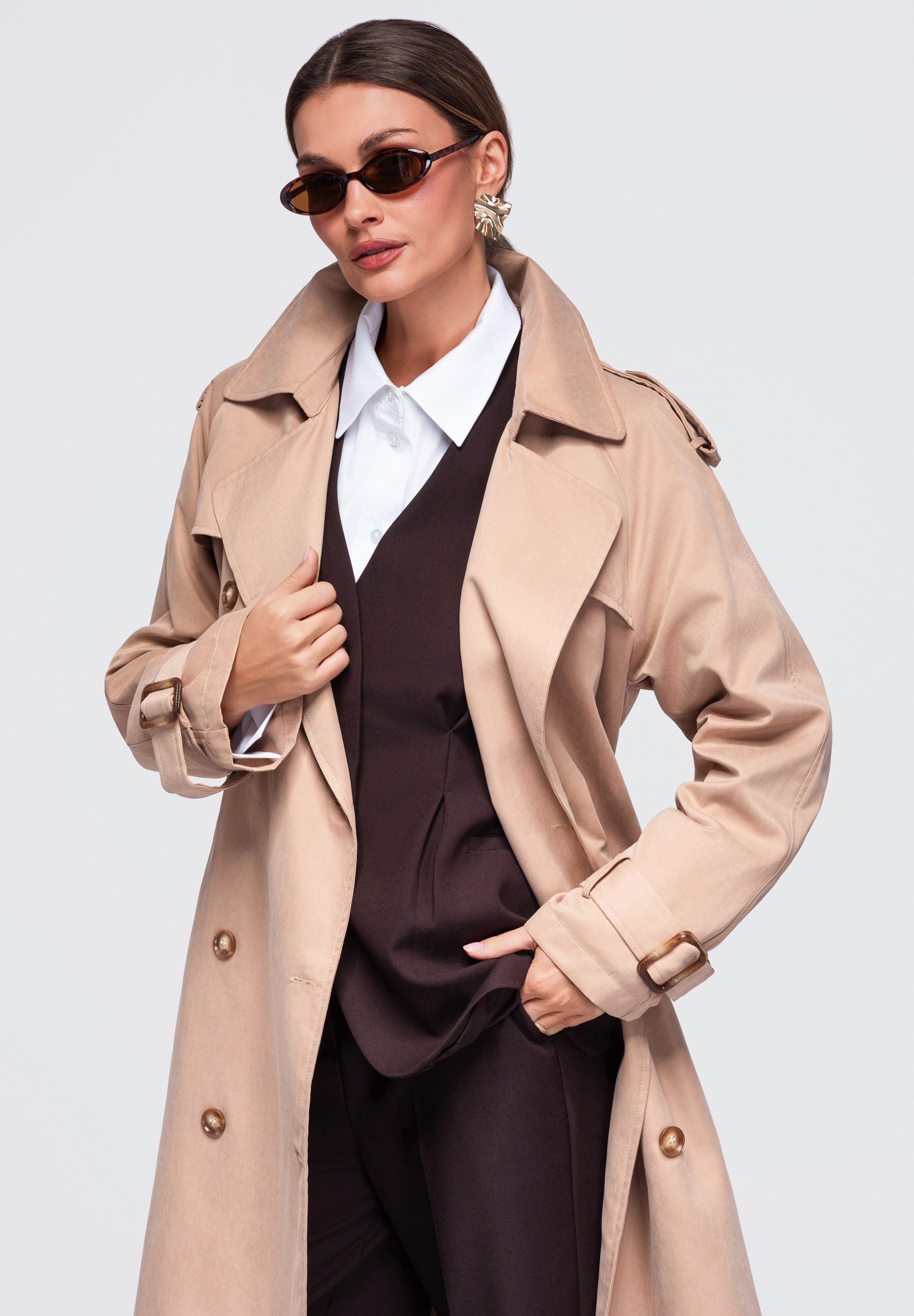 OMBRE Trenchcoat Damen Trenchcoat mit Taillengürtel elegant Beige L (kein Set, 1-tlg)