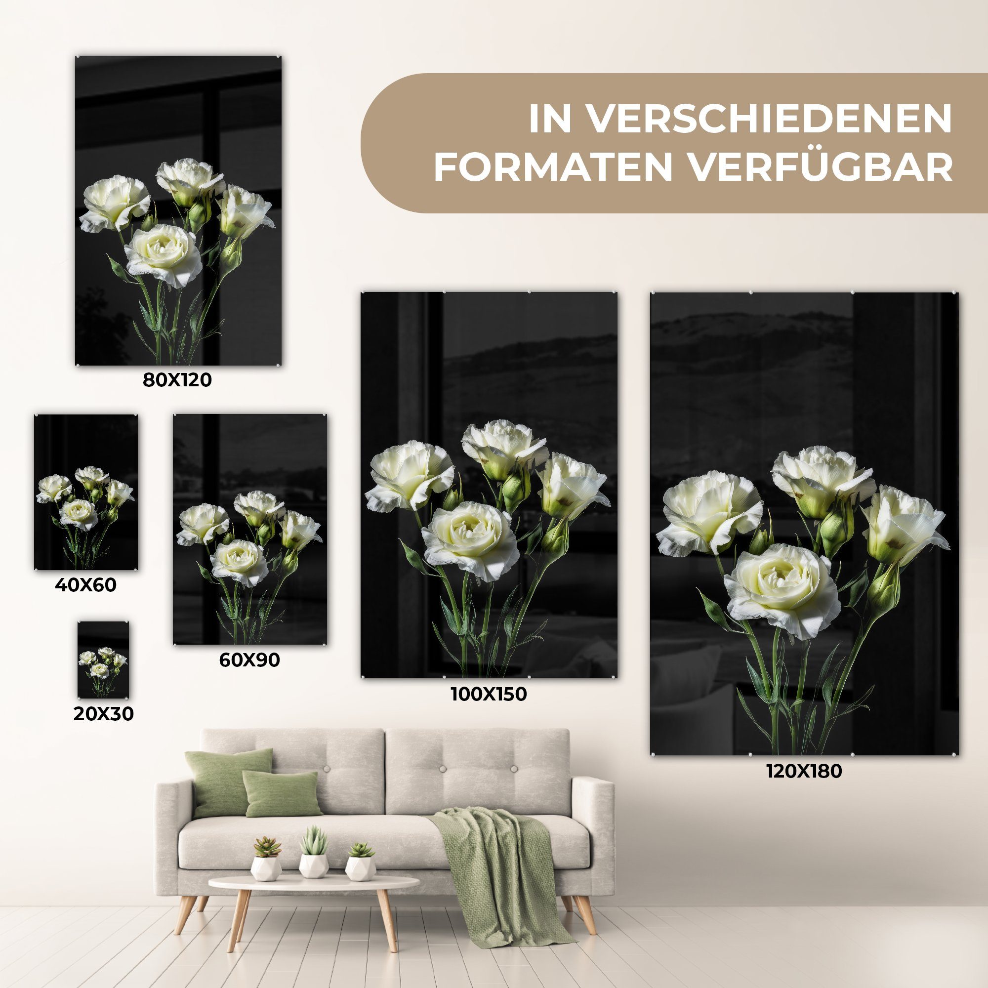 Rosen Botanisch - Blumen Wandbild Glas MuchoWow - - - Bilder Acrylglasbild Glasbilder Glas St), Wanddekoration auf - Schwarz, Foto Weiß (1 auf - -