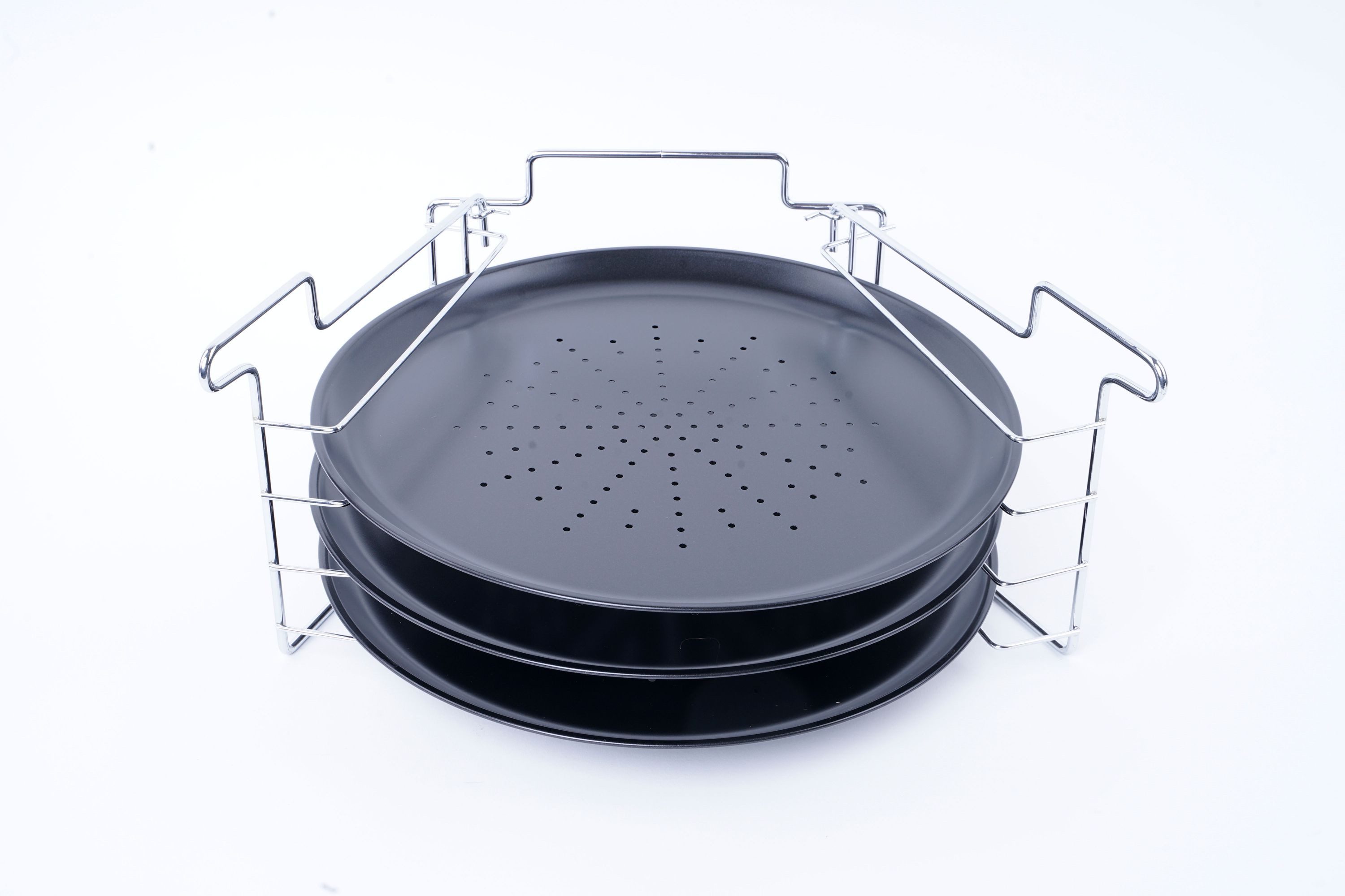 Excellent Houseware Pizzastein Pizza-Backblech Pizzablech 3er-Set Backset mit Ständer Ø 30 cm, Metall