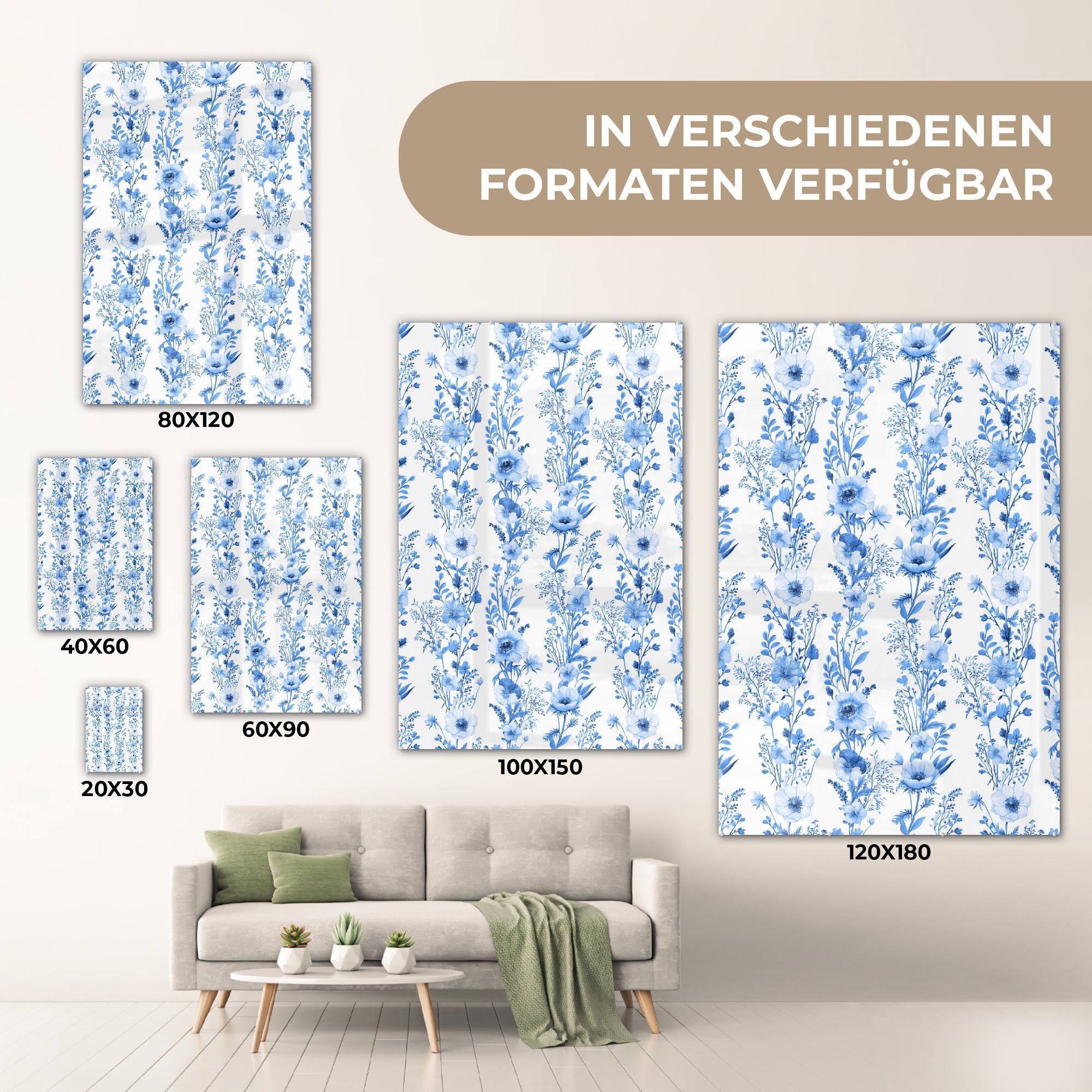 Wandbild Glas Bilder Pflanzen (1 - Glas St), - - MuchoWow auf Blau, Wanddekoration Blumen - Foto Glasbilder Acrylglasbild - auf