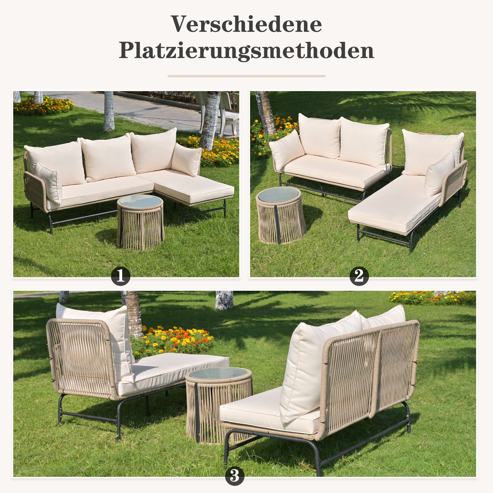 KLAM HOME Gartenlounge-Set aus Korbgeflecht mit Eisenrahmen und cremefarbenem Seil, (set, 1 Tisch 1 Ecksofa 1 Doppelsofa), L-förmiger Gesprächstisch Stuhl-Set für Schwimmbad Terrasse Outdoor