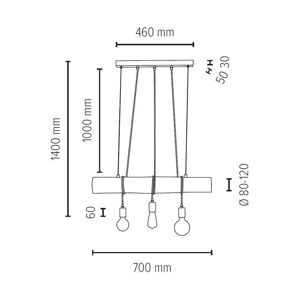 Light Massivholzbalken Leuchtmittel, Pendelleuchte Ø Hängeleuchte, Kürzbar mit 8-12 TRABO, Naturprodukt, ohne cm, SPOT