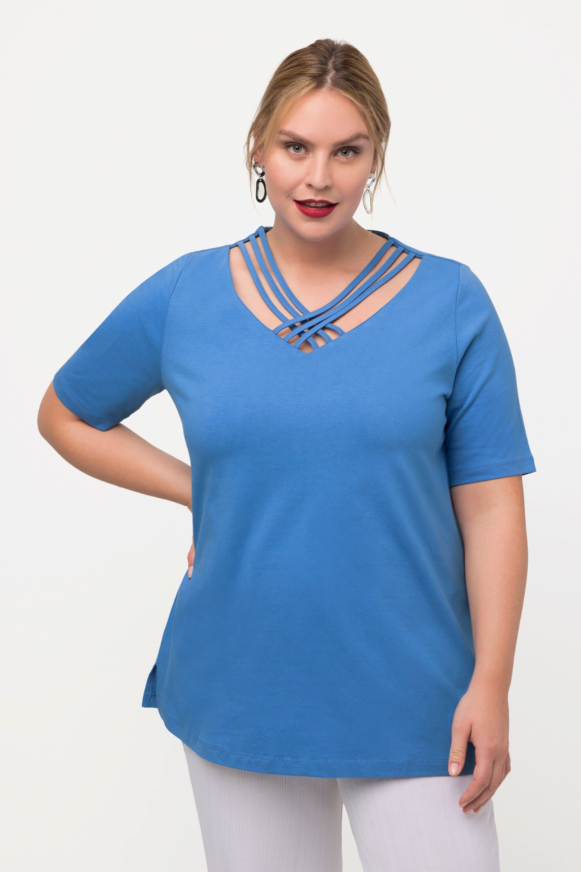 Ulla Popken Rundhalsshirt T-Shirt V-Ausschnitt Halbarm stahlblau Classic Zierbänder