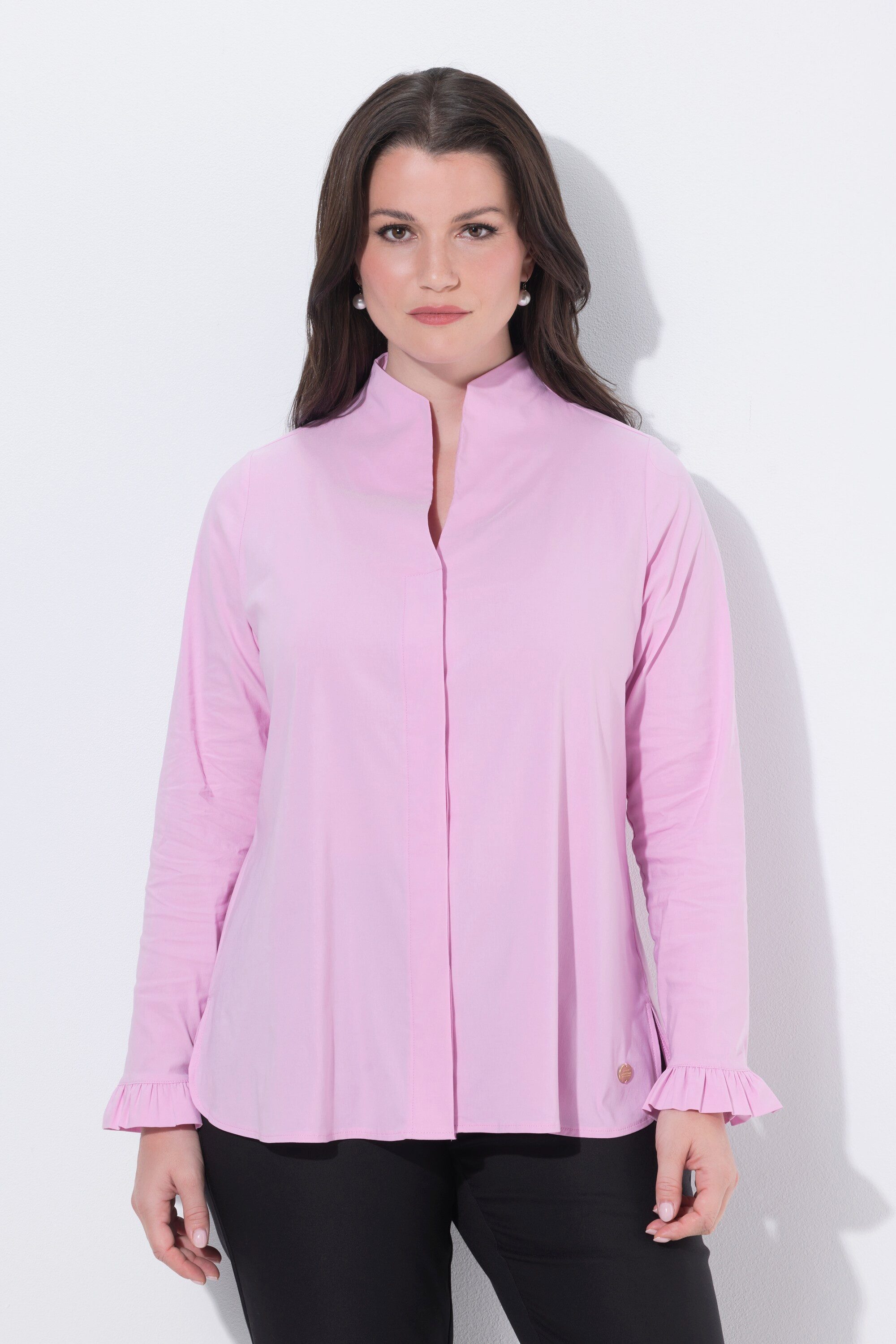 Satinbluse Bluse Kelchkragen Langarm Rüschen-Manschetten