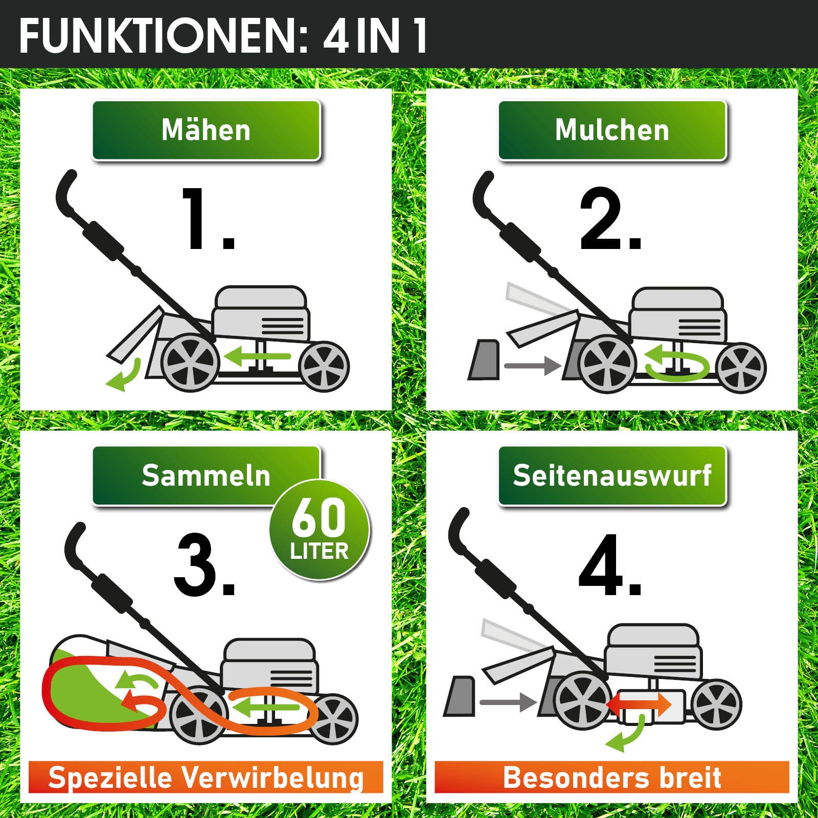 BRAST petrol lawnmower with drive, 3.5kW (4.76hp), electric start, 4-stroke OHV engine, 46 cm cutting width, 30-80mm cutting height, 60L grass catcher, steel housing, TÜV certified