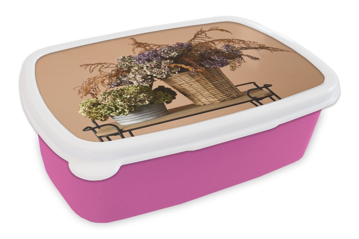 MuchoWow Lunchbox Getrocknete Blumen - Körbe - Stilleben, Kunststoff, (2-tlg), Brotbox für Erwachsene, Brotdose Kinder, Snackbox, Mädchen, Kunststoff rosa