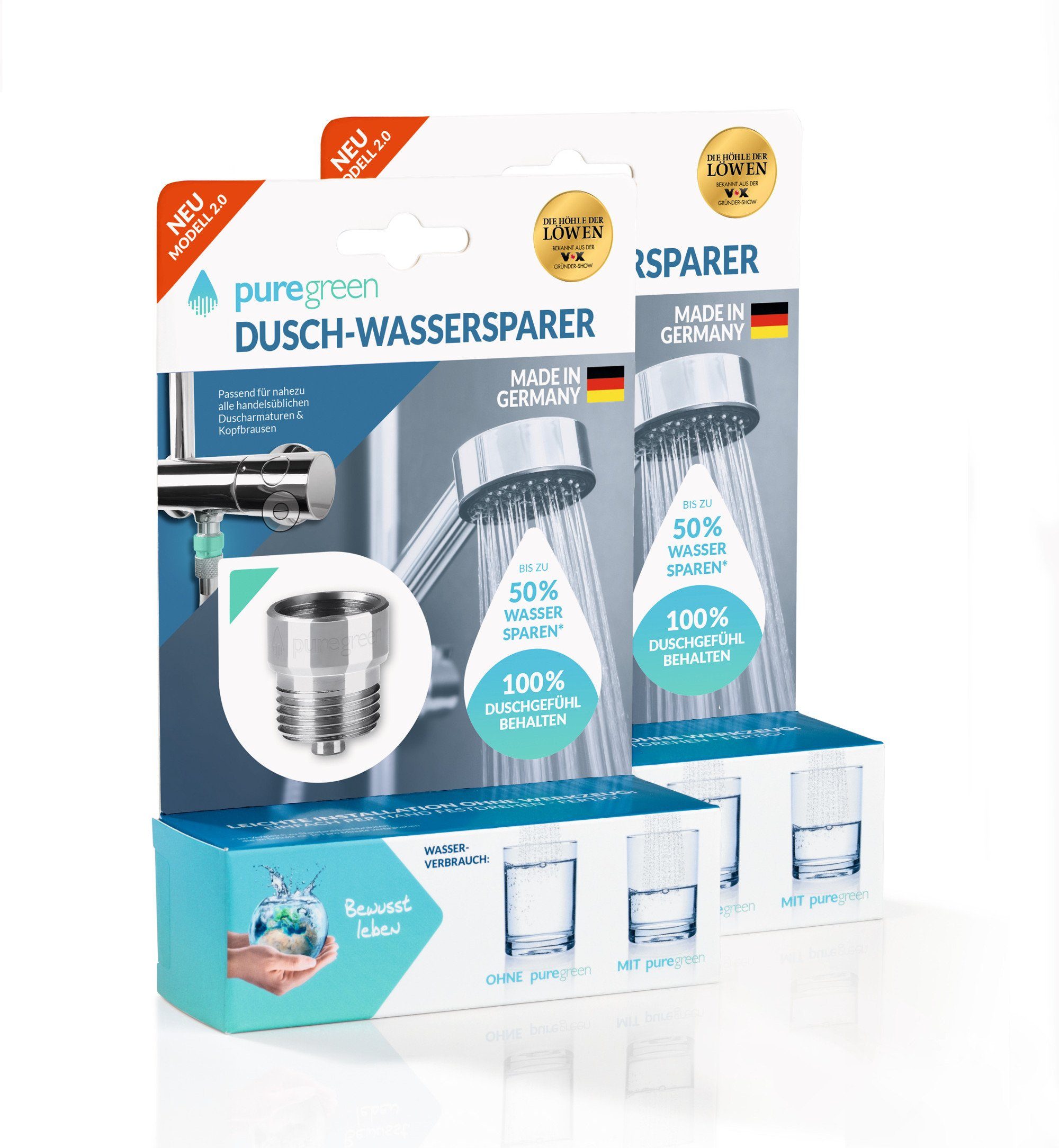 puregreen Аэратор bekannt aus die Höhle der Löwen ehem. bluegreen NEUES MODELL 2.0, IG: 1/2 Zoll, (2er Set Wassersparer für die Dusche, 2-tlg), 2er Set Wassersparer für die Dusche puregreen Höhle der Löwen