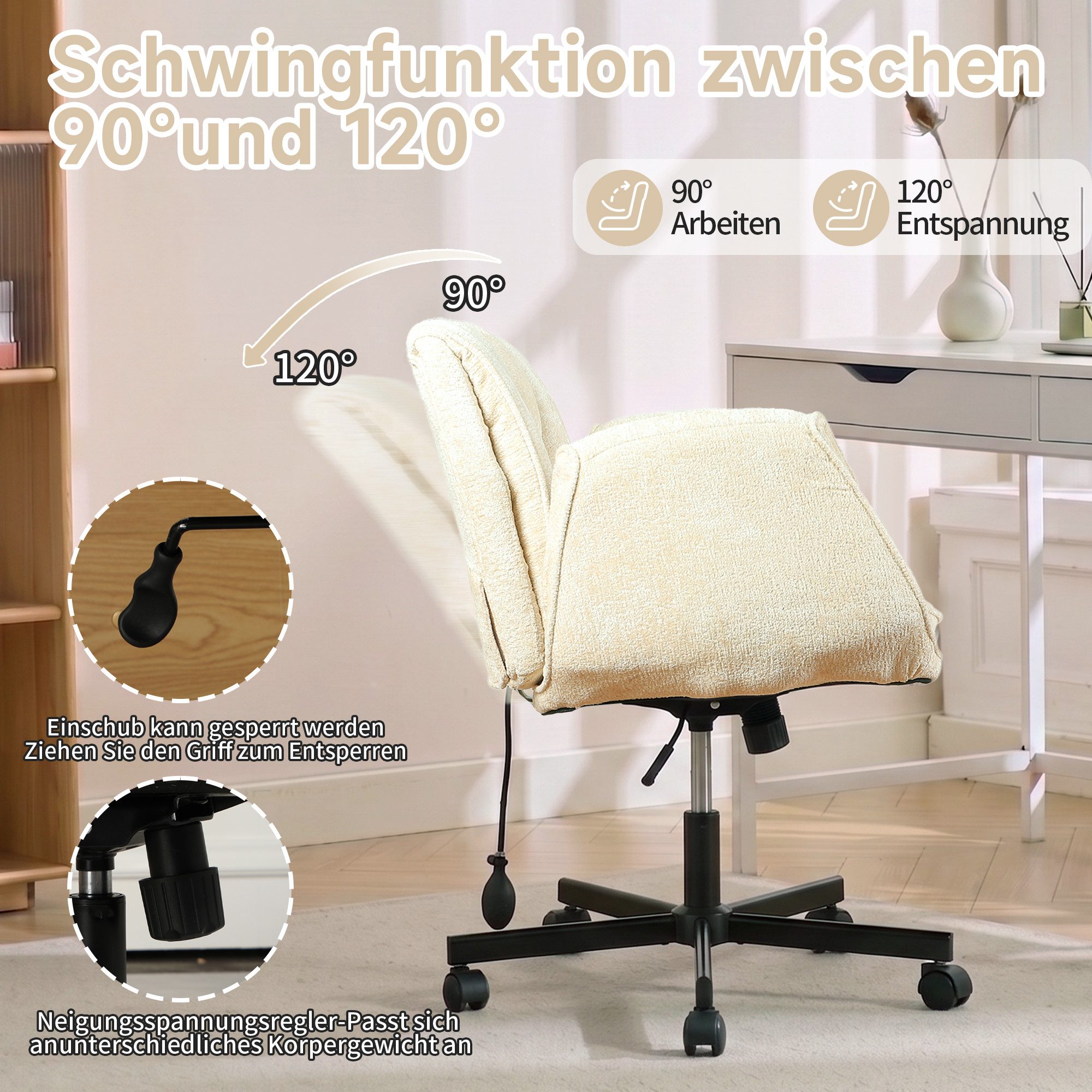 Vankel Drehstuhl Bürostuhl ergonomisch mit breitem Sitz & 5-fach Armlehnen, Schreibtischstuhl mit Chenille-Bezug, Rollen & 150 kg – Bild 3 von 5