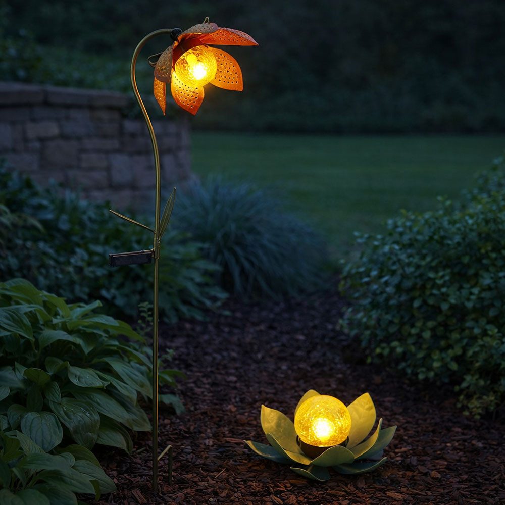 GLOBO LIGHTING LED Solarleuchte, LED-Leuchtmittel fest verbaut, Kaltweiß, Tageslichtweiß, Solardeko Außenlampe Blume Lotusblüte Erdspieß Gartenlampe 2er Set