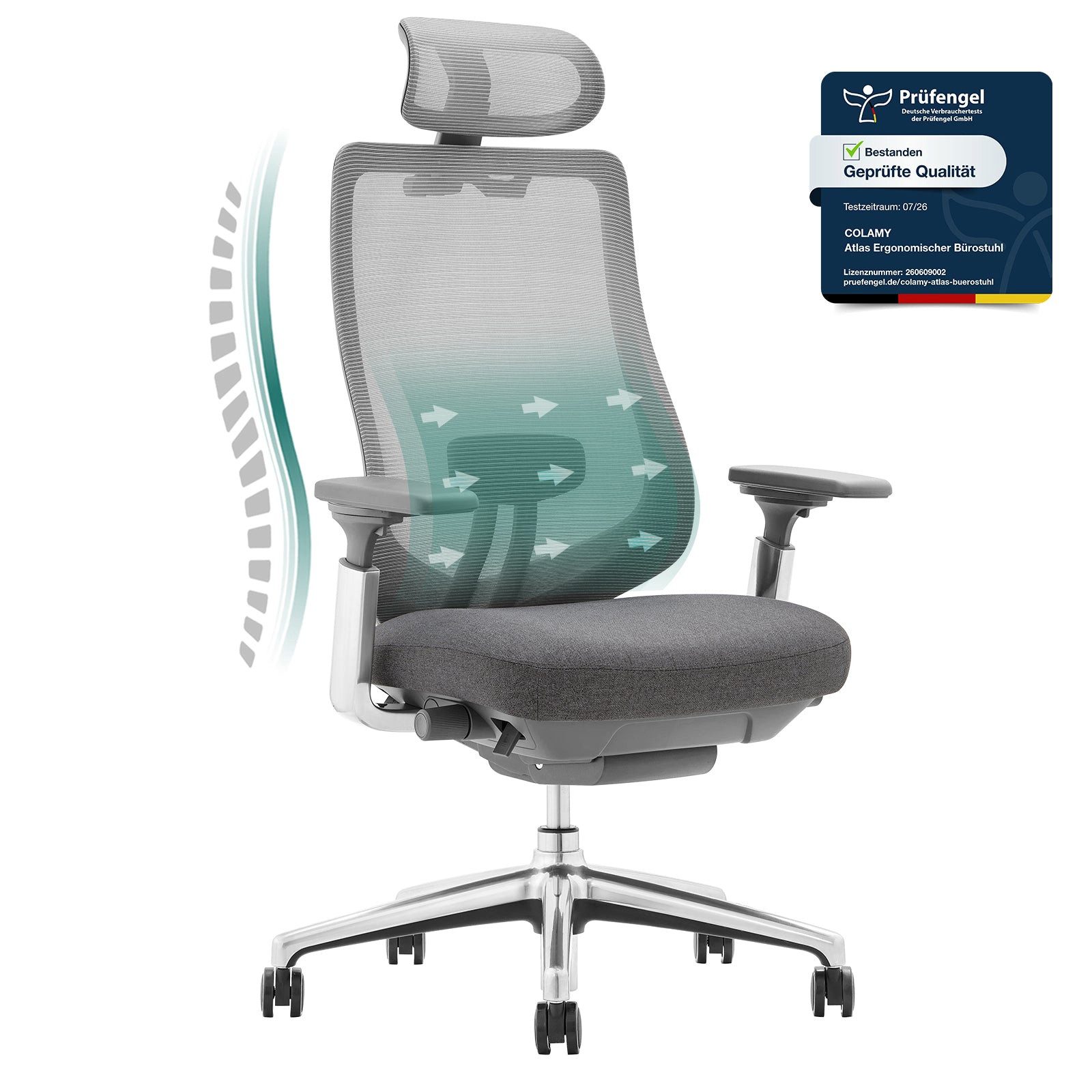 smartue Bürostuhl Ergonomischer Netz-Bürostuhl mit 4D-Armlehnen und Kopfstütze, Verstellbarer Schreibtischstuhl mit Lendenstütze und Schiebesitz