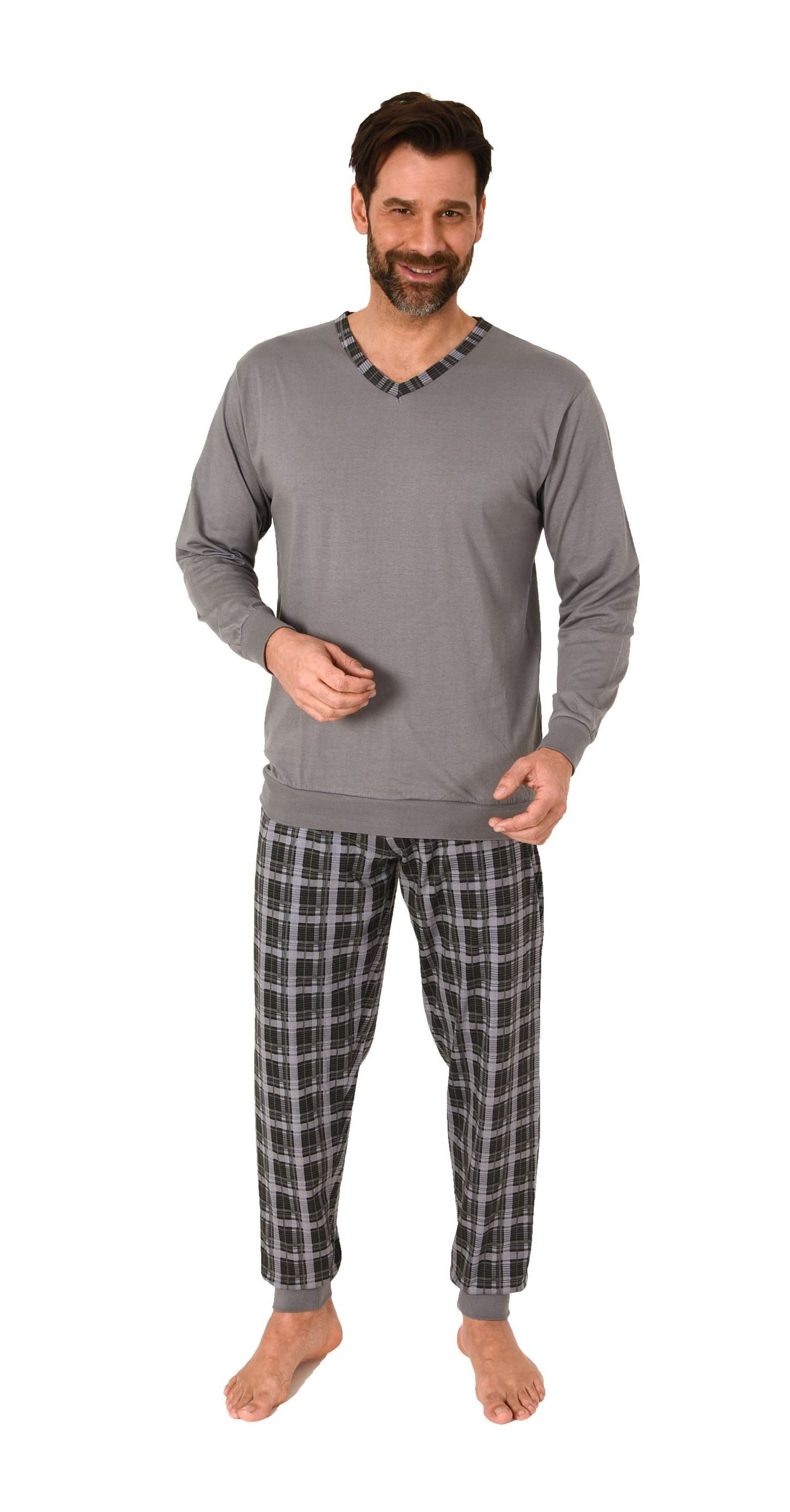 Normann Pyjama Normann Herren Schlafanzug mit Bündchen und karierter Jersey Hose