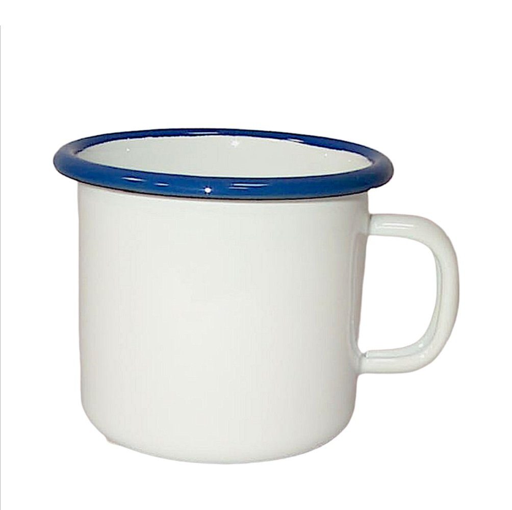 Linoows Tasse Emaille Tasse, Henkelbecher, Outdoor Kaffeetasse, Emaille, Henkeltasse, Outdoor Henkelbecher weiß- blau 8 cm.