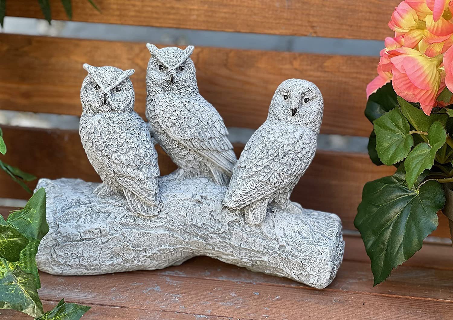 Stone and Style Gartenfigur Frostfeste Steinfigur 3 Eulen auf Baumstamm – Bild 4 von 5