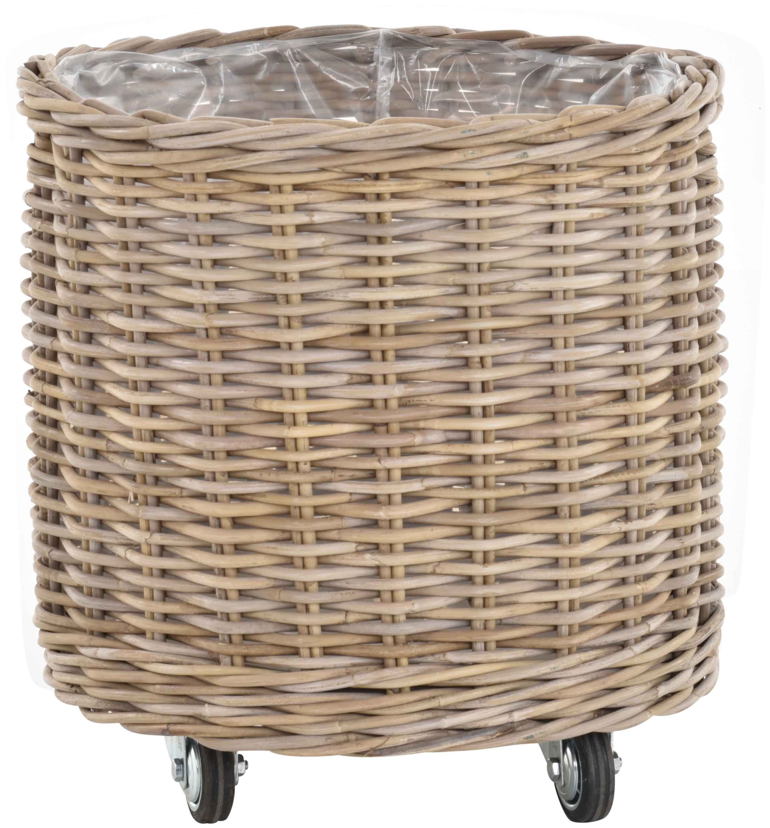 Krines Home Allzweckkorb Pflanzkorb groß Rattan XXL Rollkorb Rattankorb Grau Natur Rund, mit Rollen