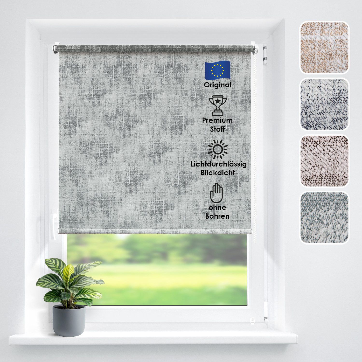 Rollo Tageslicht"Avanti" Hellgrau 60x170cm, DomDeco, Klemmfix, Lichtschutz, ohne Bohren, blickdicht, Klemmfix