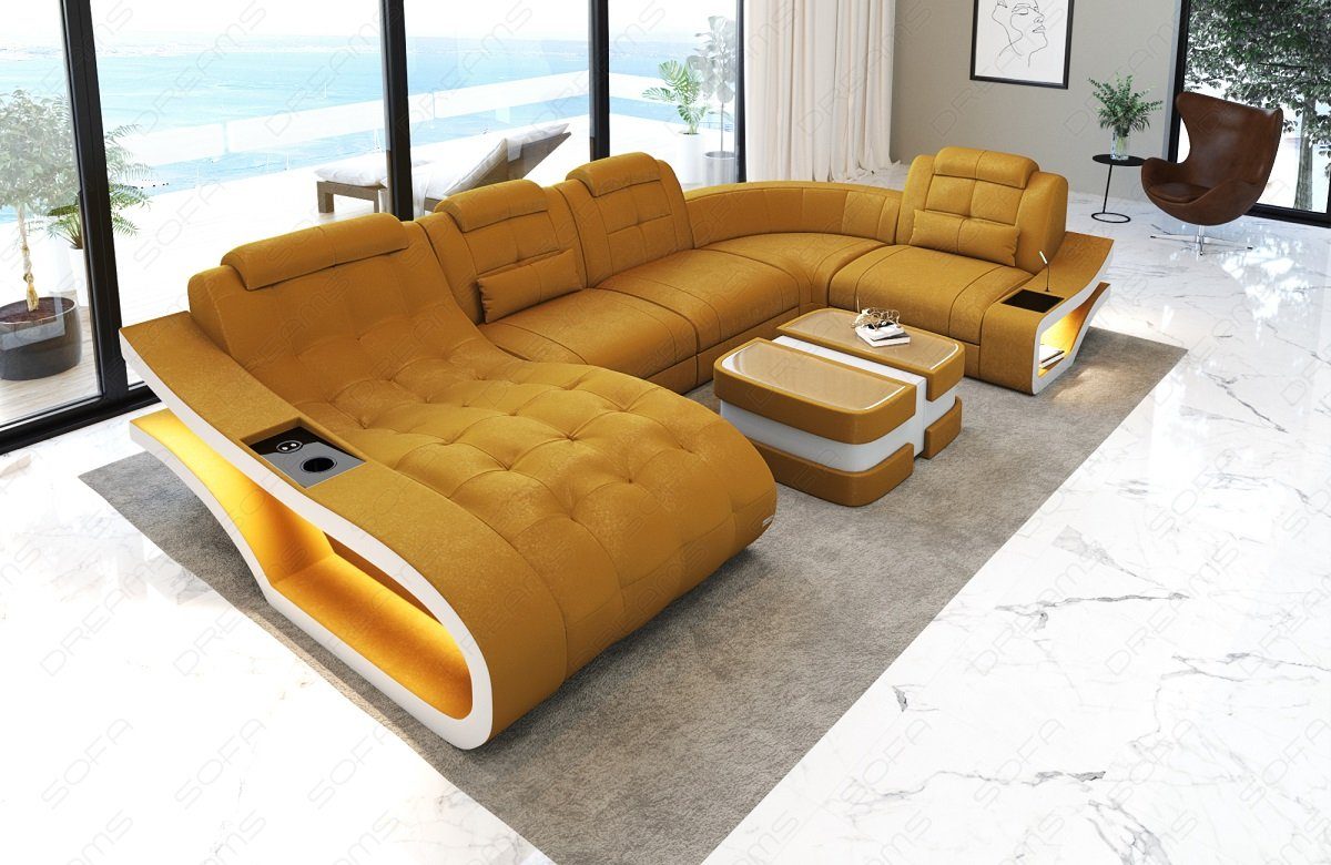 A Sofa - Bettfunktion Polster Dreams Elegante Stoffsofa ochre-weiß Couch, wahlweise U mit Sofa Wohnlandschaft Stoff Form