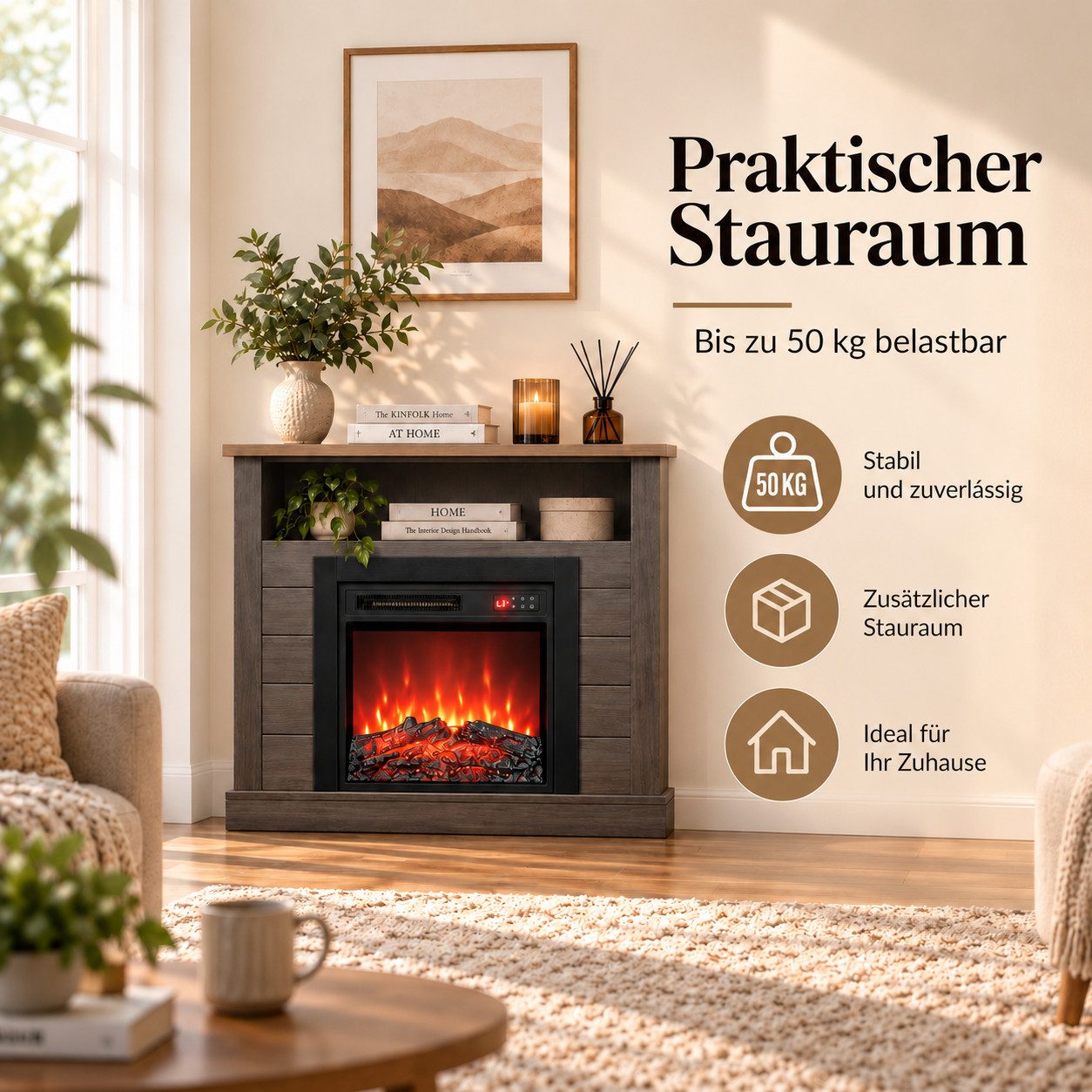 HOMAVO Elektrokamin mit Schrank, 18", 900W/1800W Heizung, 3D-Flammeneffekt, Schrankgröße: 96,5 × 22 × 82 cm, Fernbedienung + Bedienfeld – Bild 3 von 5
