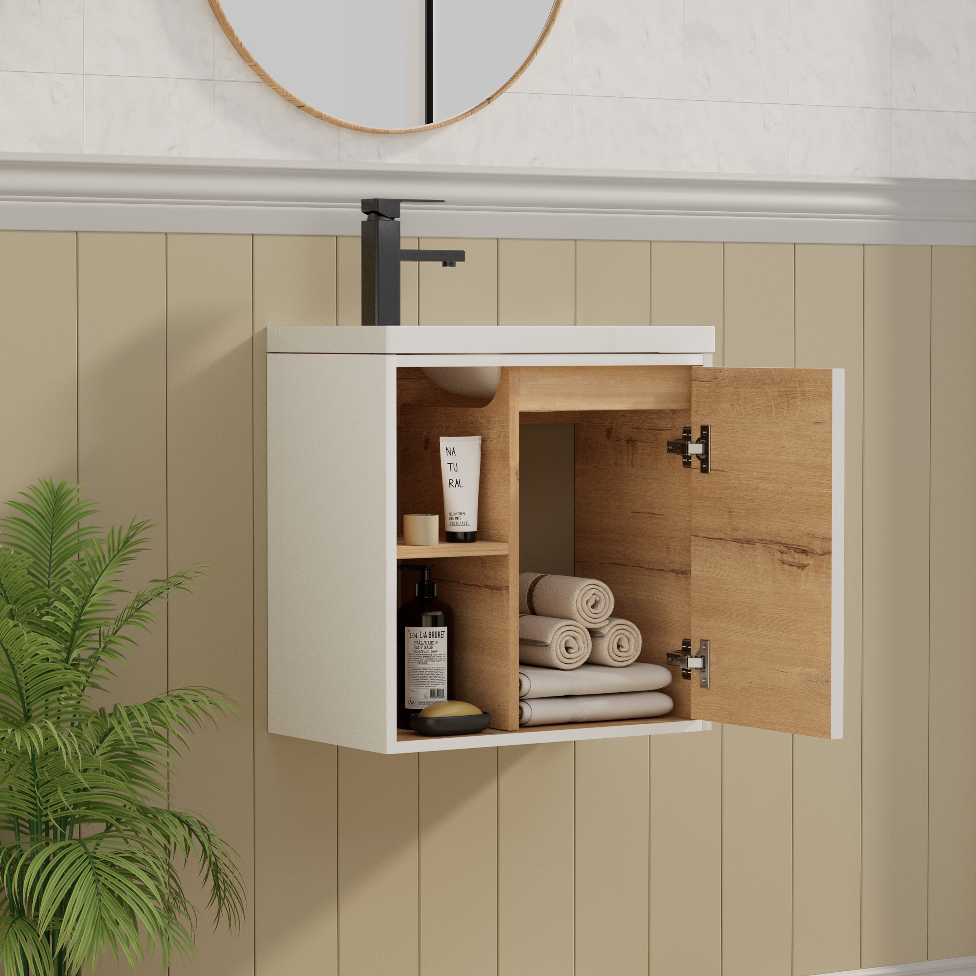 UEV Waschtisch klein Waschbecken mit Unterschrank set Badmöbel Gäste-WC (Breit 50cm, Komplett-Set, Badezimmmer Schrank für Gäste WC, Unterschrank mit Harzbecken Wasserhahn Pop-up-Ablassventil), Waschtischunterschrank hängend Breit 50,5cm