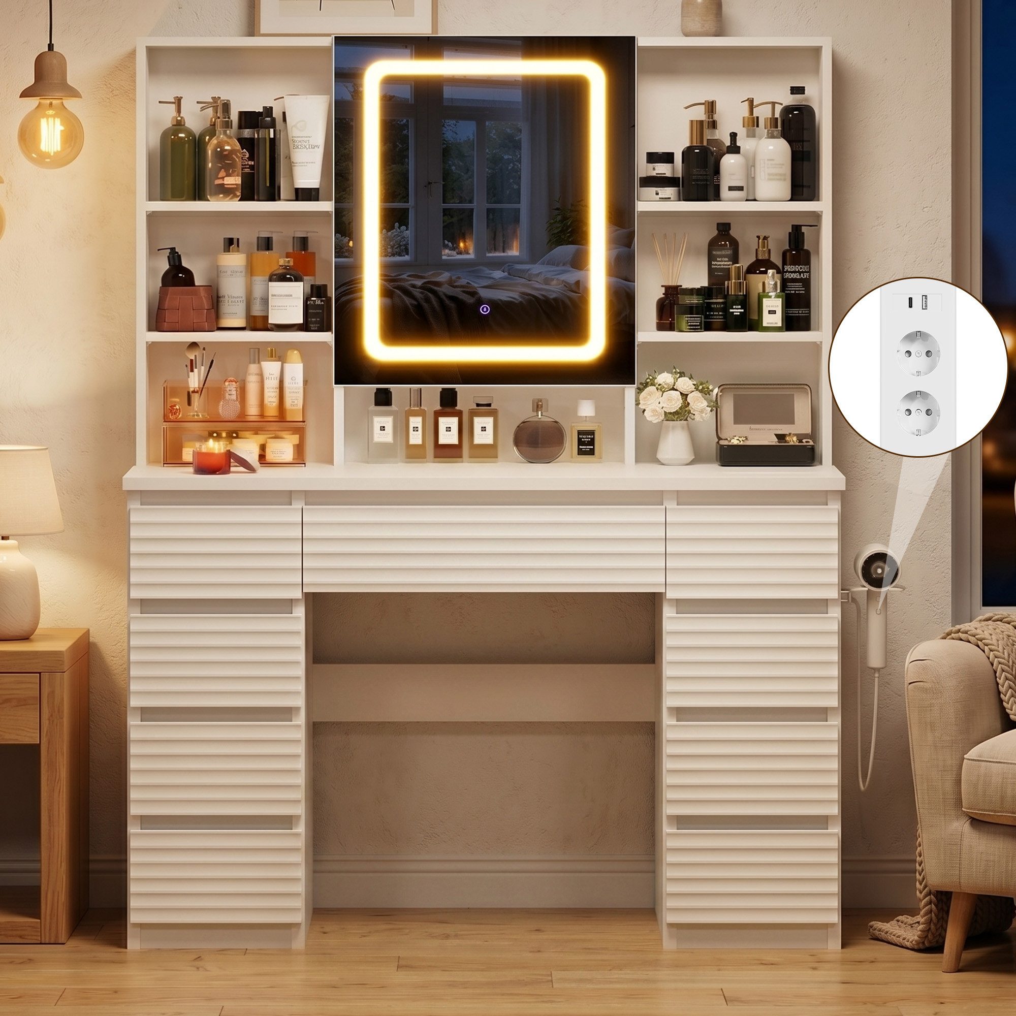 HOMALL Schminktisch LED-Schminkspiegel, schwarz-weißer Schminktisch und Hocker im Set (Kombination aus 9 Schubladen, 7 offenen Fächern und Stauraum hinter dem Spiegel, Maße: 108 x 40 x 146 cm, mit 2 Steckdosen, 1 USB-Anschluss und 1 Typ-C-Anschluss sowie einer Halterung für den Föhn, wahlweise in Weiß, Schwarz oder als Set mit Hocker erhältlich)