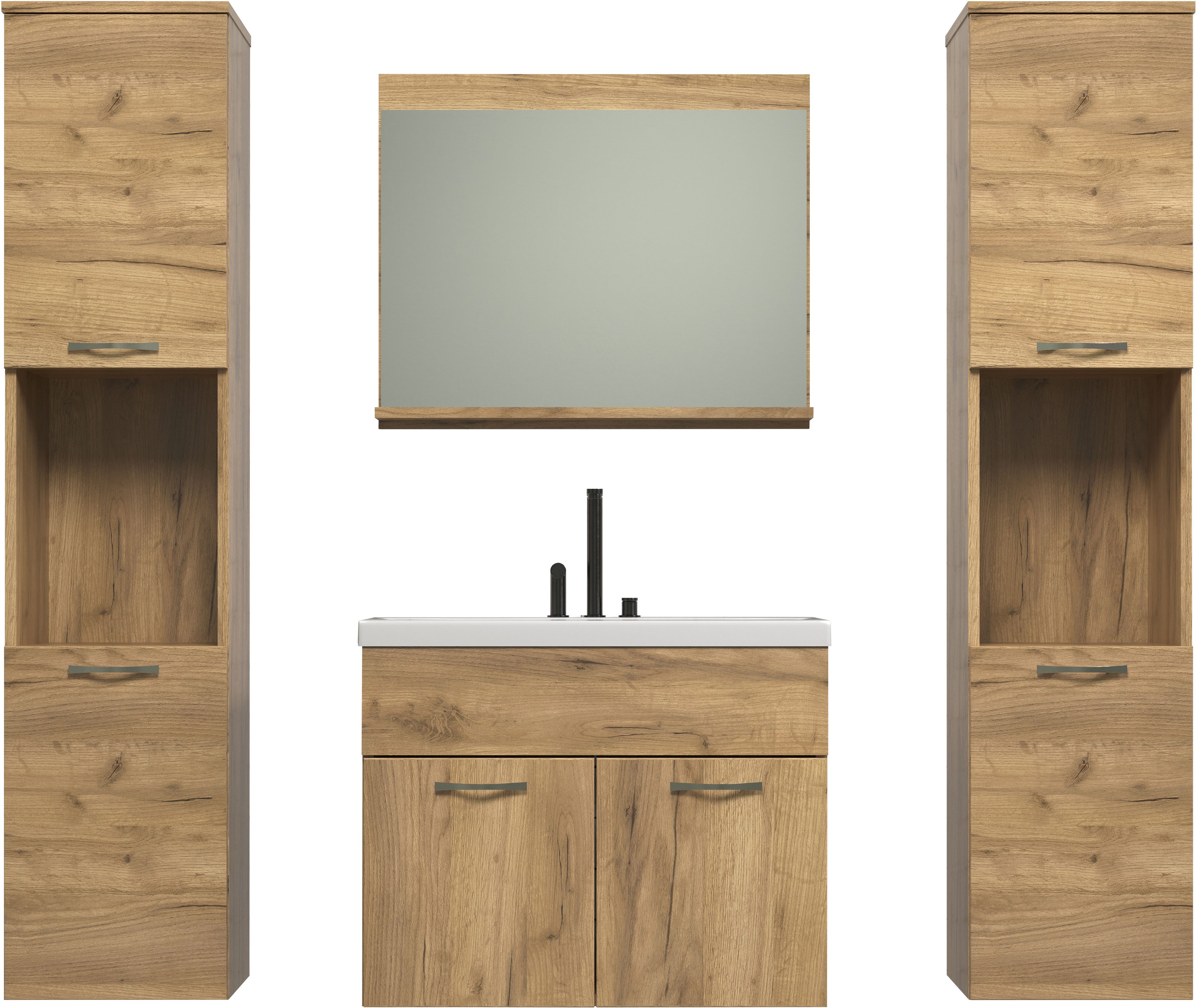 welltime Badezimmer-Set Kuba, (Komplett-Set, 4-St), Hängeschränke, Waschtisch mit Waschbecken und Wandspiegel mit Ablage