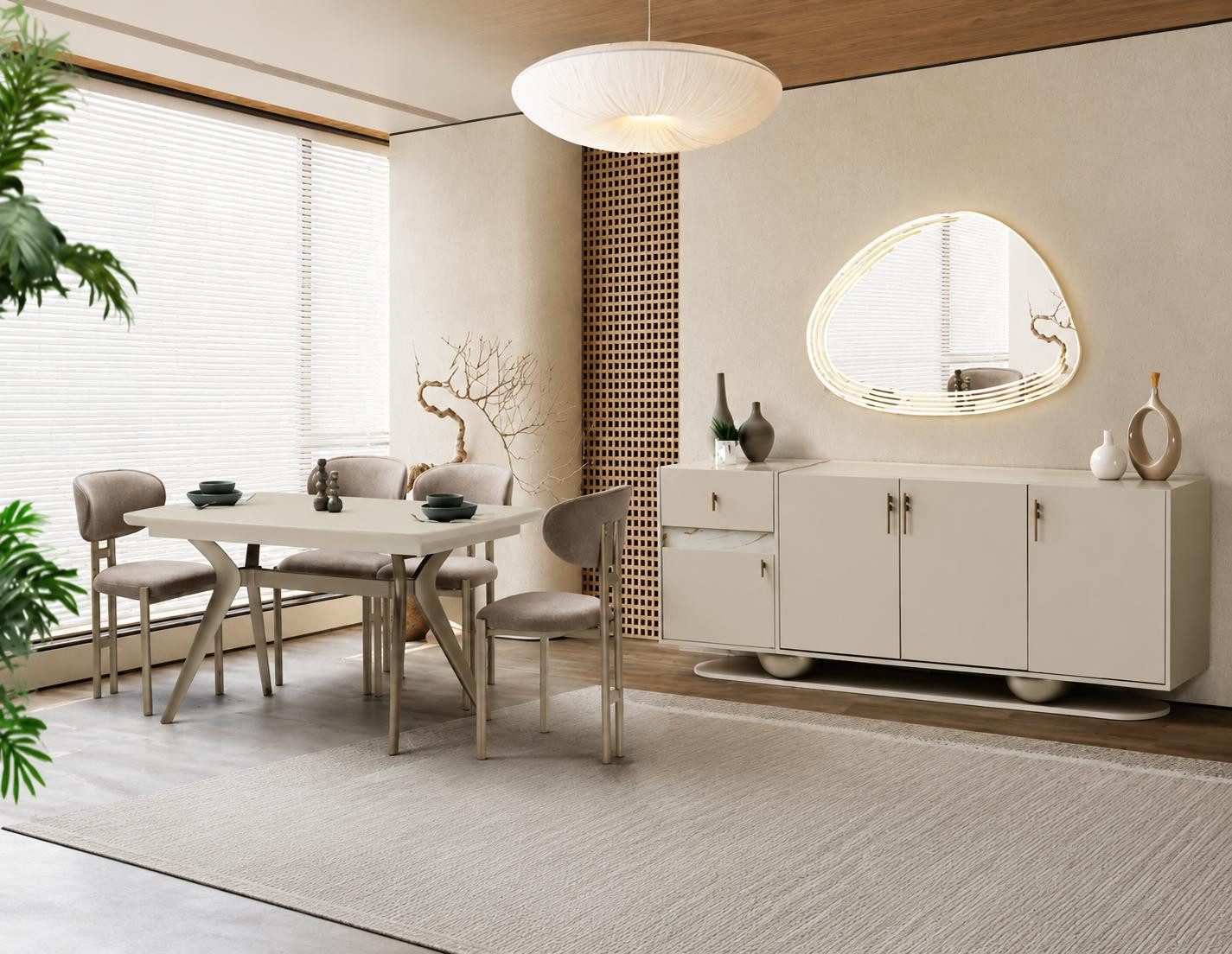 JVmoebel Esszimmer-Set Esstisch 4x Stühle Sideboard Spiegel Modern Beige, (7-St), Made in Europa