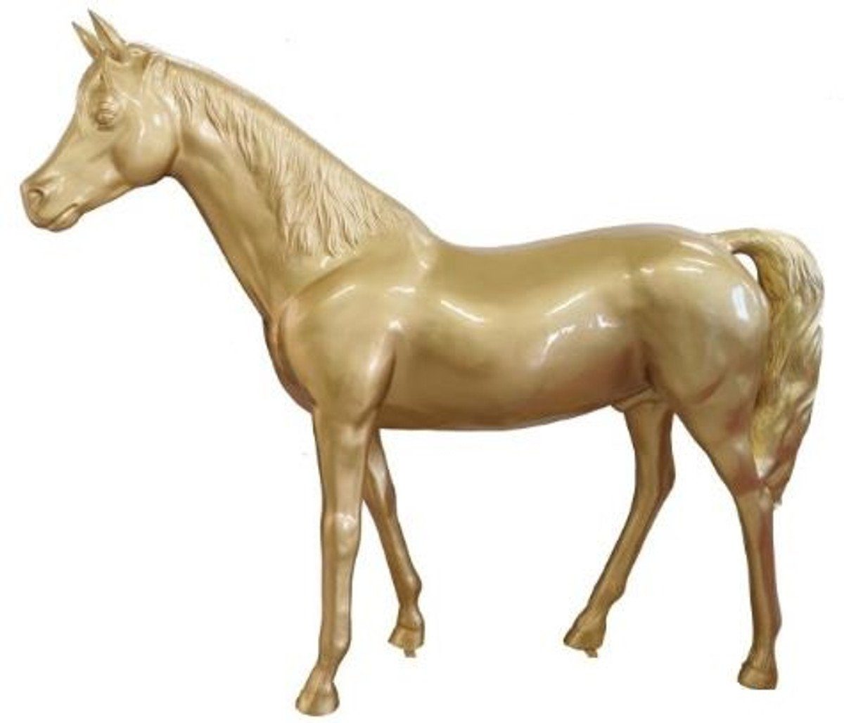 Casa Padrino Skulptur Designer Dekofigur Pferd Gold 220 x H. 190 cm - Riesige Wetterbeständige Deko Skulptur - Gartendeko Tierfigur