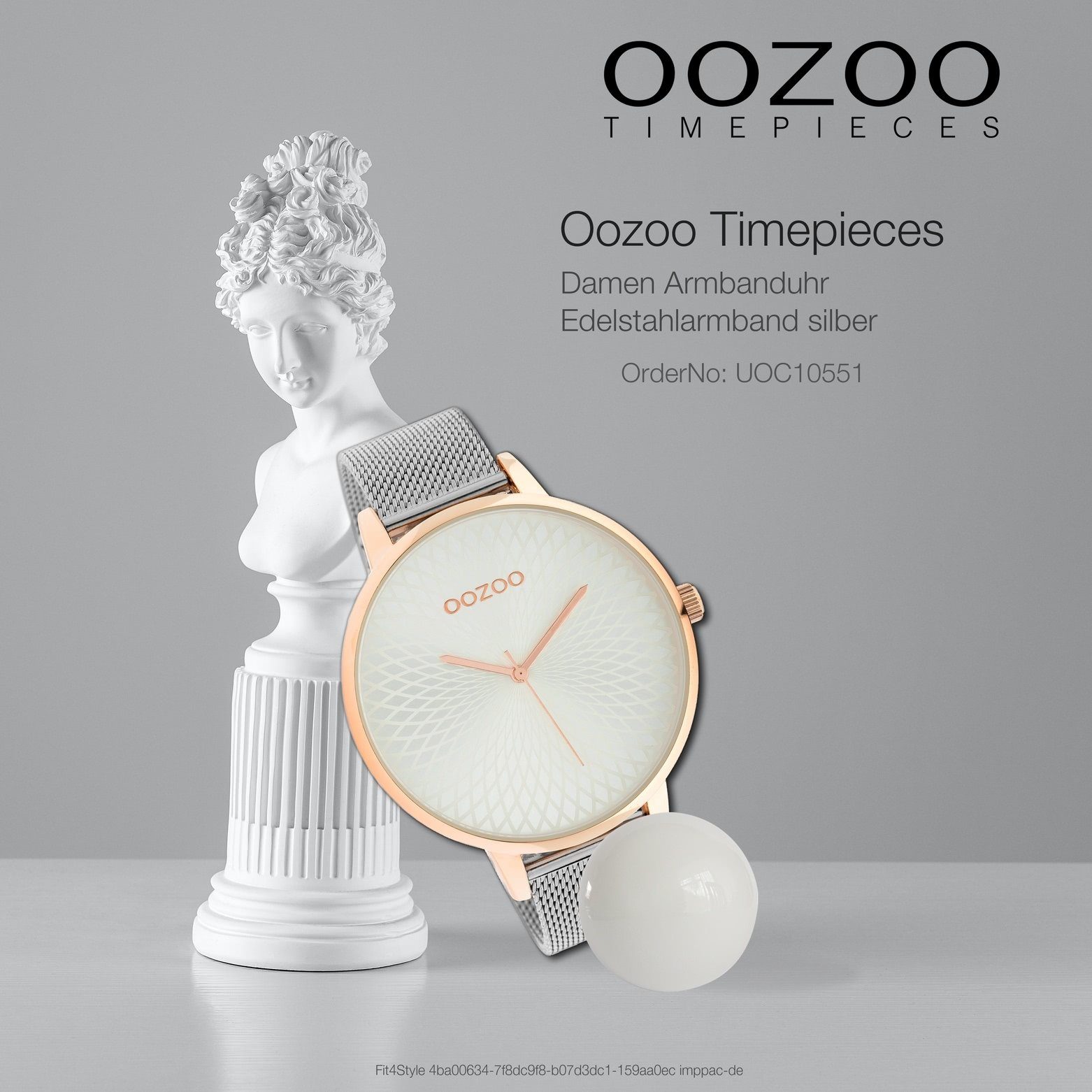 Analog, extra Fashion-Style rund, silber Damen Quarzuhr 48mm) groß Damenuhr OOZOO Armbanduhr Oozoo (ca. Edelstahlarmband,