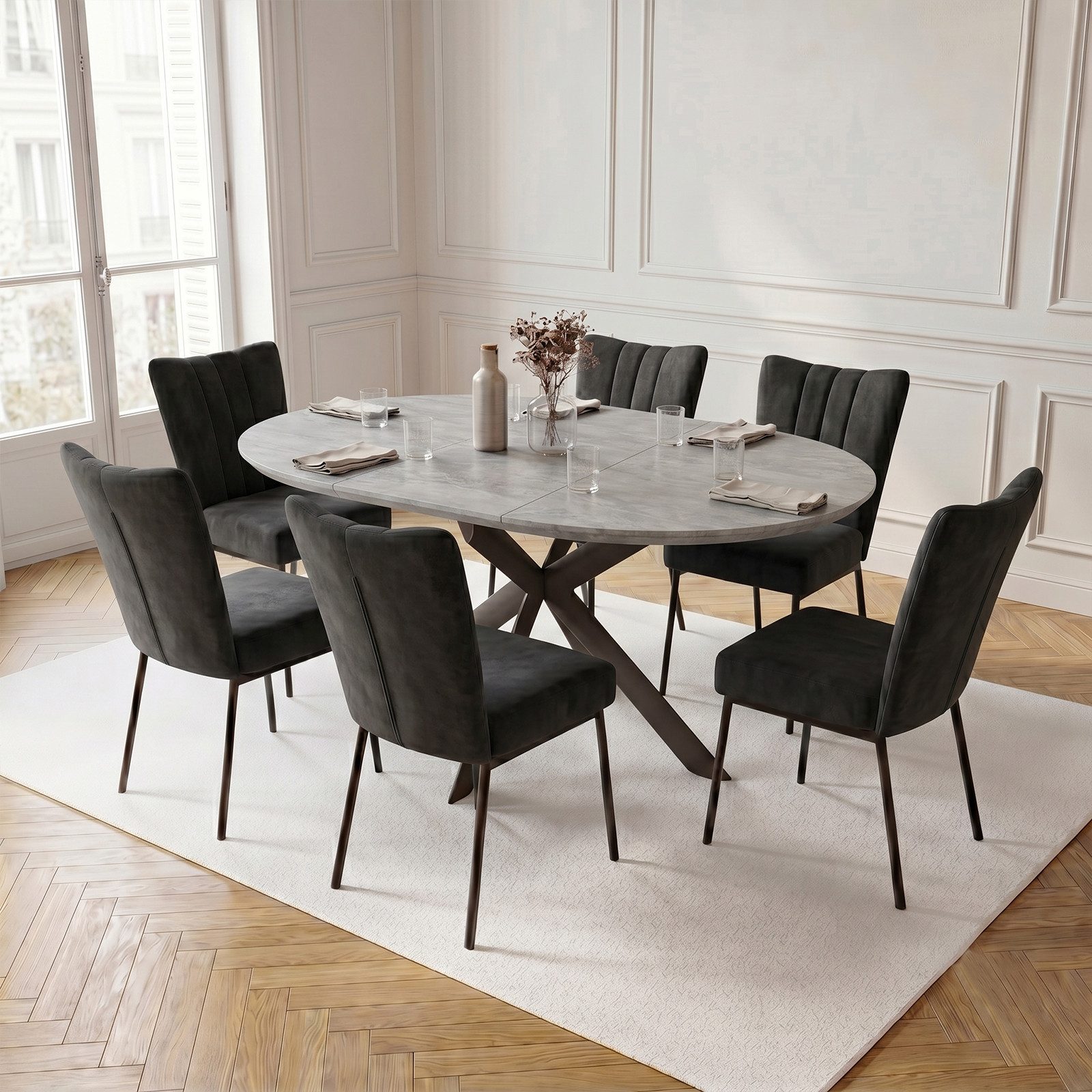 Jiexi Essgruppe Esstisch ausziehbar rund bis oval MDF-Platte mit Samtstühlen