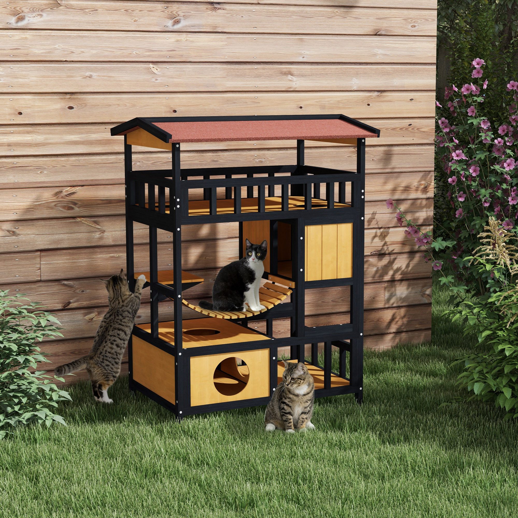 PawHut Tierhöhle Katzenhaus aus Holz wasserdicht Katzenhütte, für bis zu 2 Katzen, Innen- und Außenbereich, Gelb