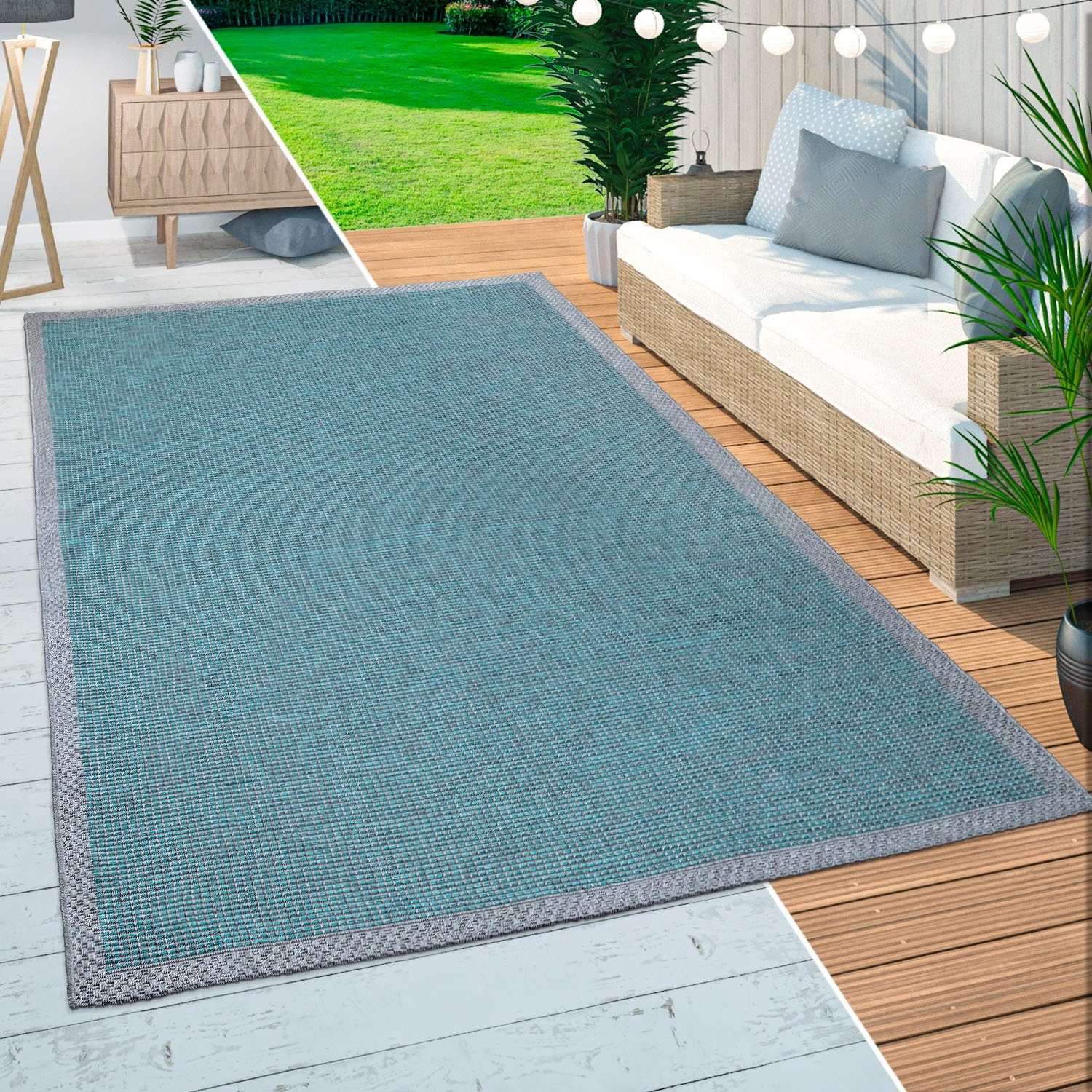 Teppich Quebec 135, türkis rechteckig, mm, Bordüre, meliert, geeignet Home, Outdoor mit 4 In- Flachgewebe, und Paco Höhe