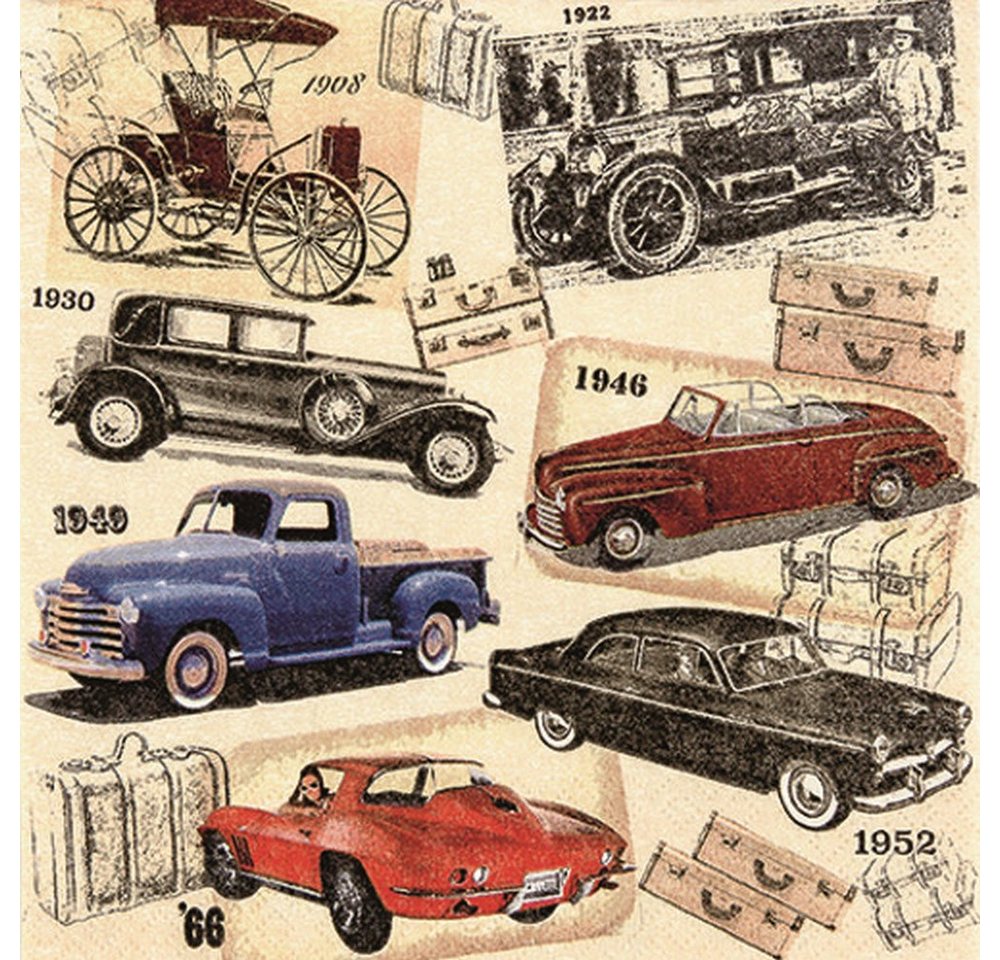 HOME FASHION Papierserviette 20 Servietten Classic Cars - Oldtimer 33x33cm, (20 St)