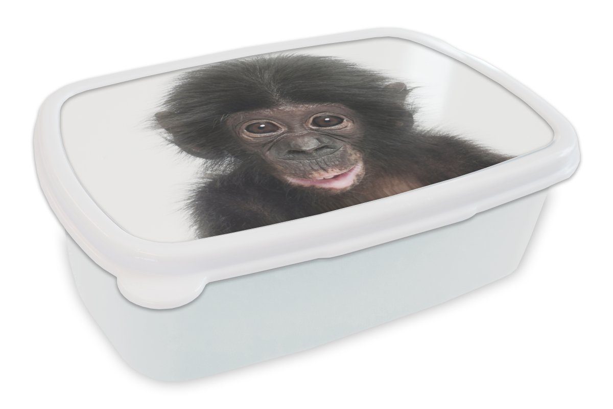 MuchoWow Lunchbox Affe - Tiere - Natur - Schimpanse, Kunststoff, (2-tlg), Brotbox für Kinder und Erwachsene, Brotdose, für Jungs und Mädchen weiß