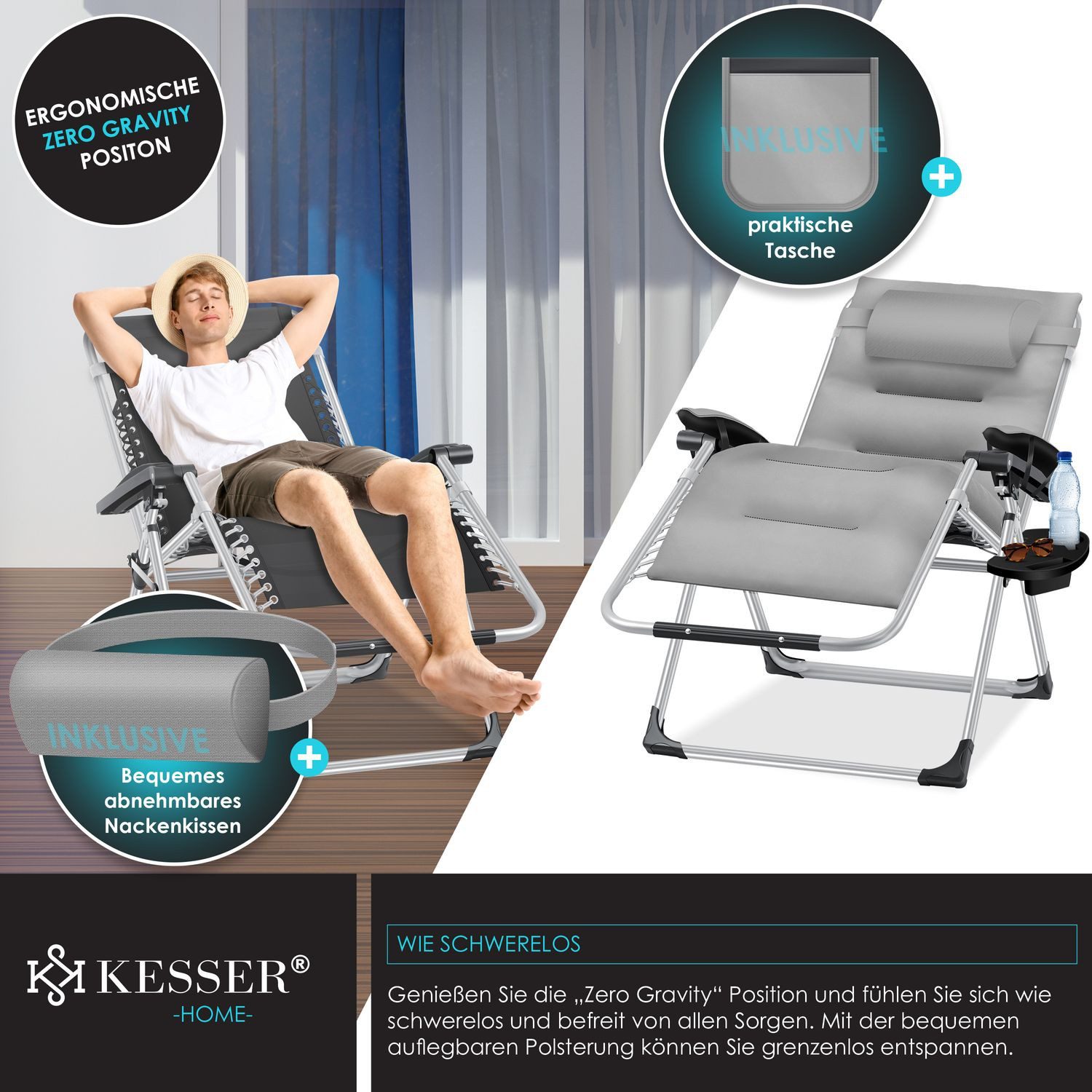 KESSER Gartenliege, Sonnenliege Liegestuhl Klappbar + Nackenkissen Gartenstuhl