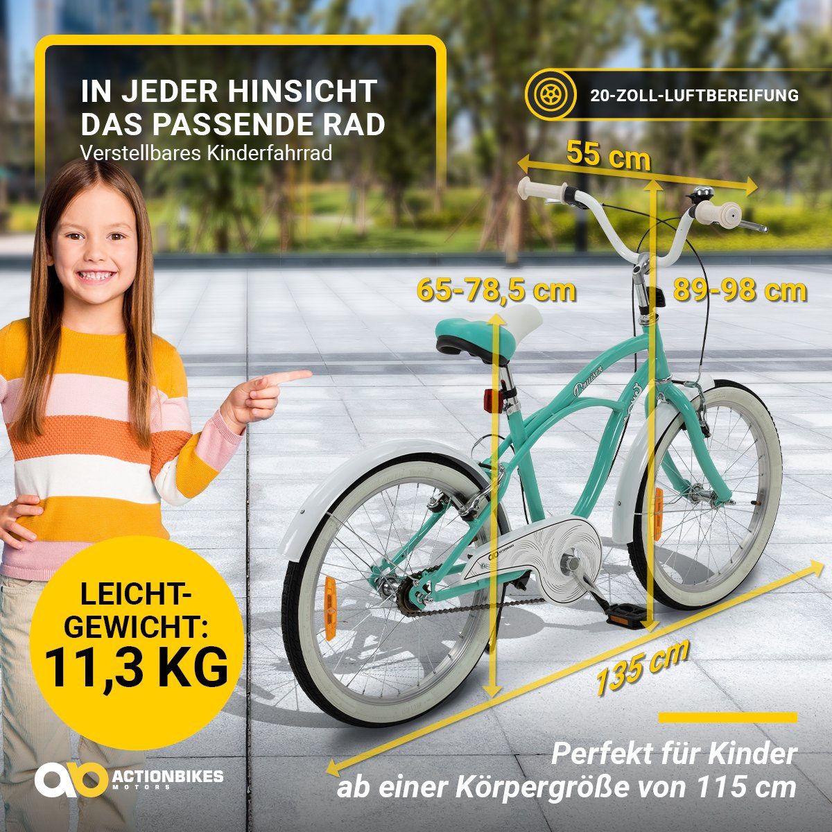 Actionbikes Motors Kinderfahrrad Kinder Fahrrad Cruiser 20 Zoll - ab 6 Jahre, 1 Gang, ohne Schaltung, (Reflektoren, Katzenaugen, Antirutschprofil, Klingel, Kettenschutz, 1-tlg., Trapez-Rahmen, V-Brake-Bremsen, max. Zuladung 40 kg), höhenverstellbares Bike Jungen Mädchen Kinderrad ab 115 cm türkis