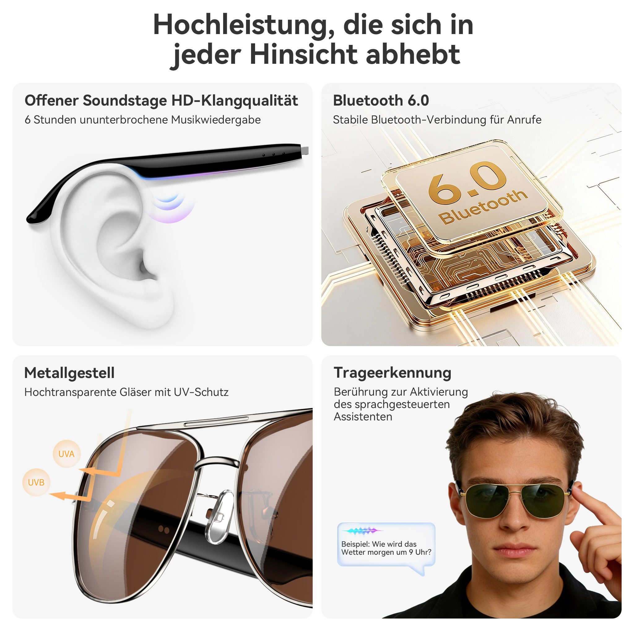 blackview Sonnenbrille Smart D1 Pro: 6h Musik, Bluetooth 6.0, 360° Raumklang, UV-Schutz Bluetooth 6.0, IP54, Touch-Assistent, UV-Schutz, Mag-Laden