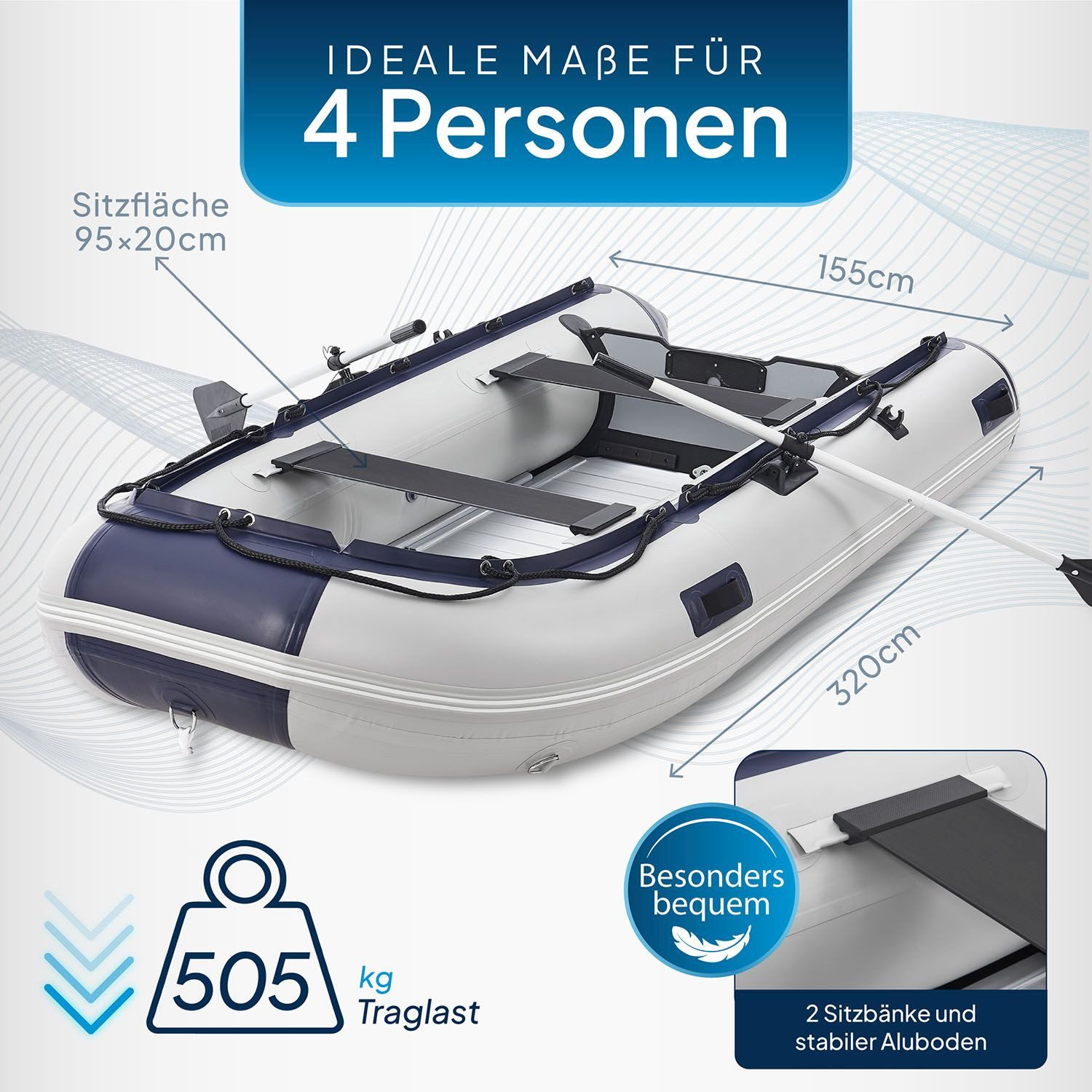 ArtSport Schlauchboot, bis 4 Personen - inkl. Luftpumpe, Paddel und mehr