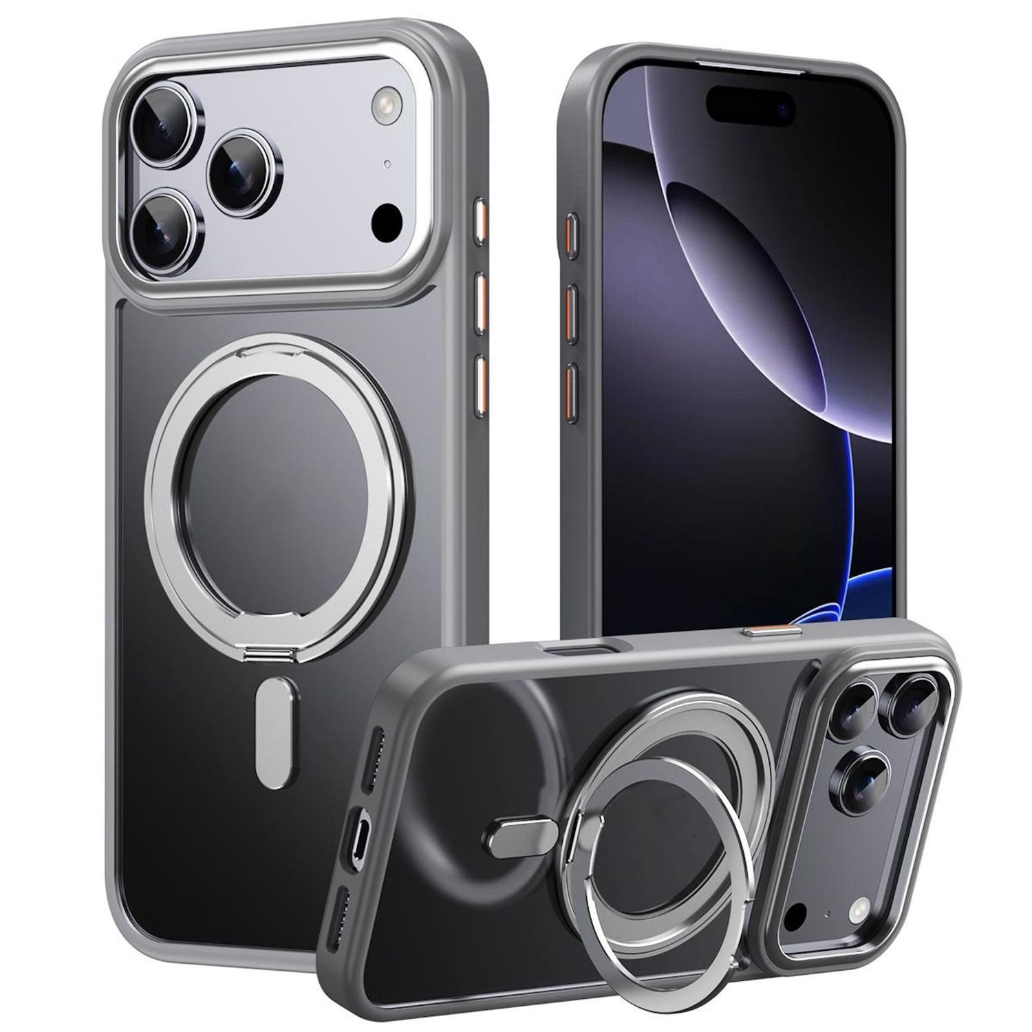 Wigento Handyhülle Für Apple iPhone 17 Pro Max Frosted Ring MagSafe TPU + PC Hülle Grau, Magnetische Hülle mit Ringhalter und 360 Grad Rotation
