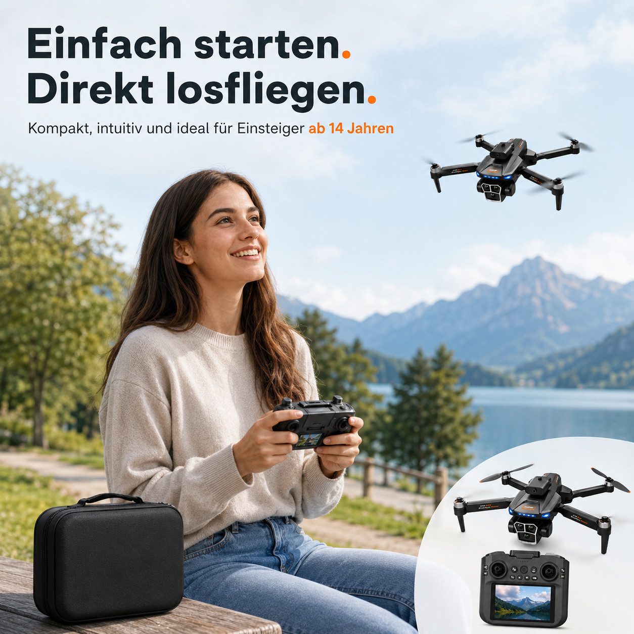 Goldstern-Tech RC-Quadrocopter (mit Full-HD Display-Controller & Liveübertragung, bis 60min Flugzeit), inkl. 8GB SD-Karte, Display-Controller, Headless-Modus & Auto-Return