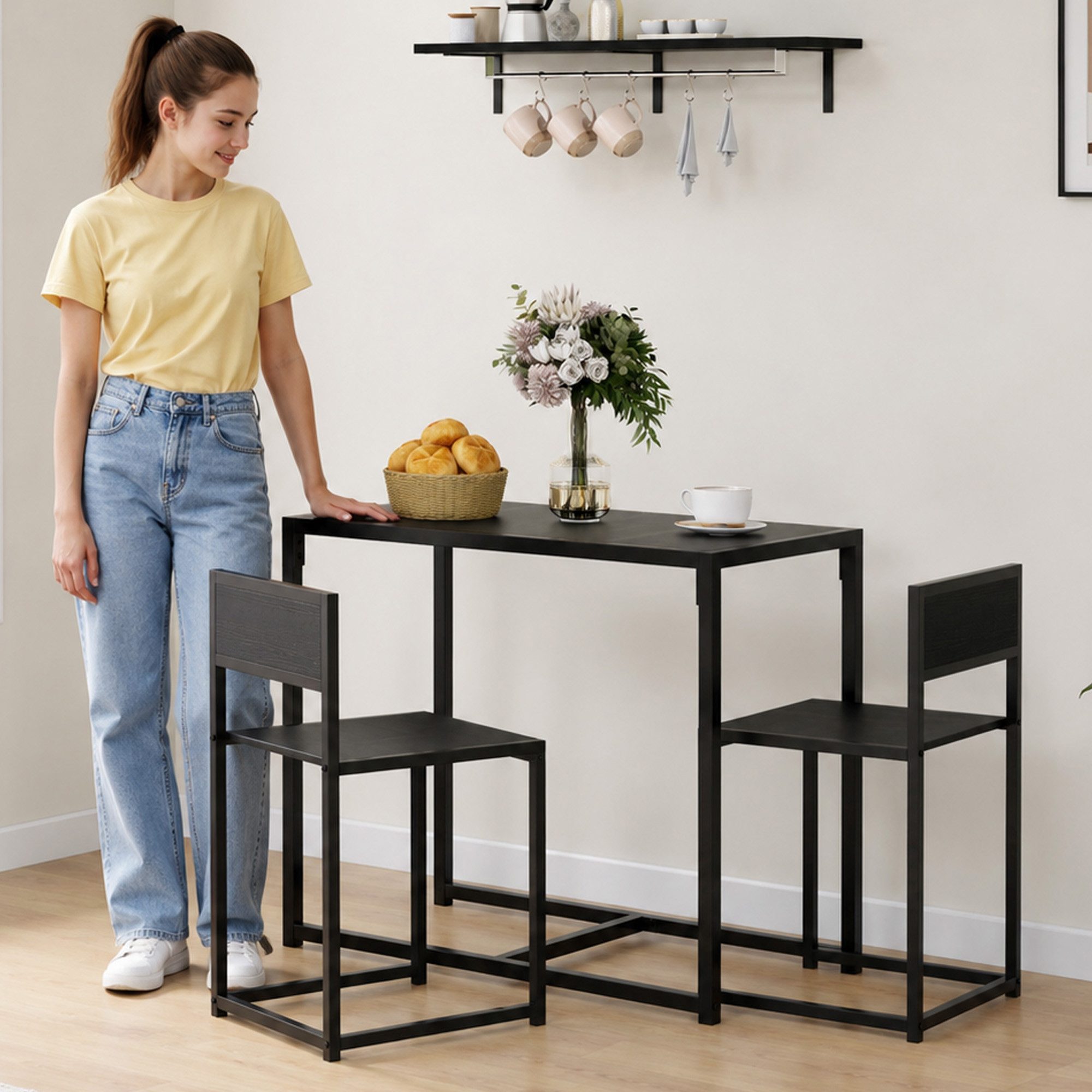 HOMCOM Essgruppe Esstisch mit 2 Stühlen Platzsparend Küchentisch-Set Schwarz, (Esstisch mit 2 Stühlen, 3-tlg., Platzsparend Esszimmergruppe), für Esszimmer, Küche Schwarz