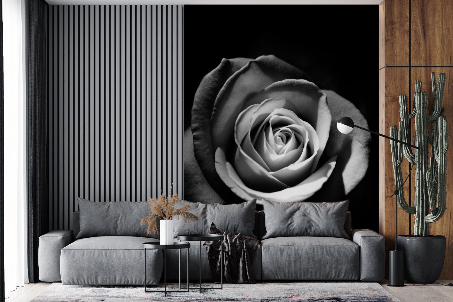 MuchoWow Fototapete Blumen - Vinyl Tapete St), Schwarz Wohnzimmer, Matt, Botanisch, Wandtapete - Weiß Montagefertig - Rose bedruckt, - für (4