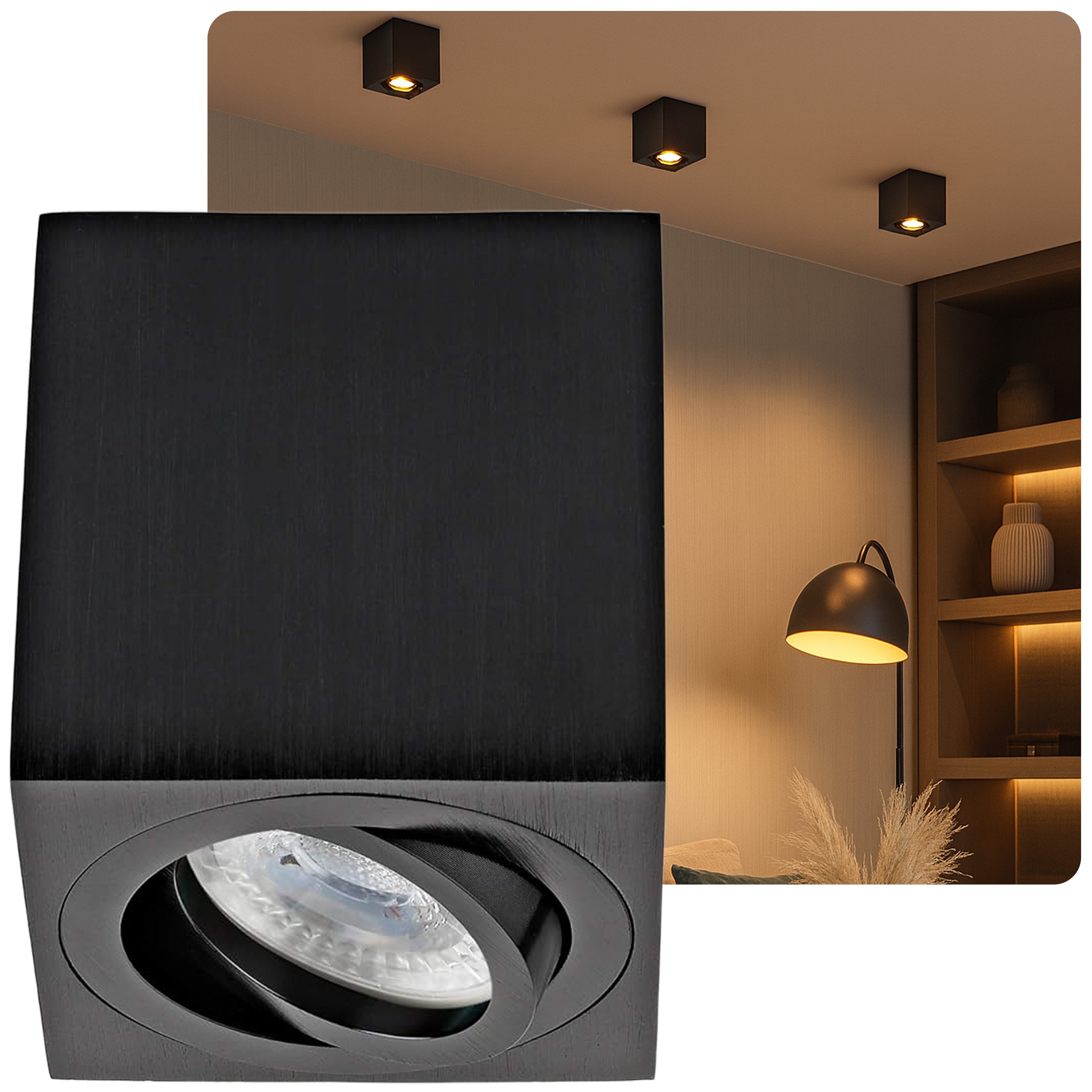 Sweet LED LED Deckenspots GU10 Aluminium Aufbauspot eckig 7W schwenkbar 230V, Leuchtmittel wechselbar, Warmweiß, Deckenaufbauleuchte, Aufbaustrahler, schwenkbar